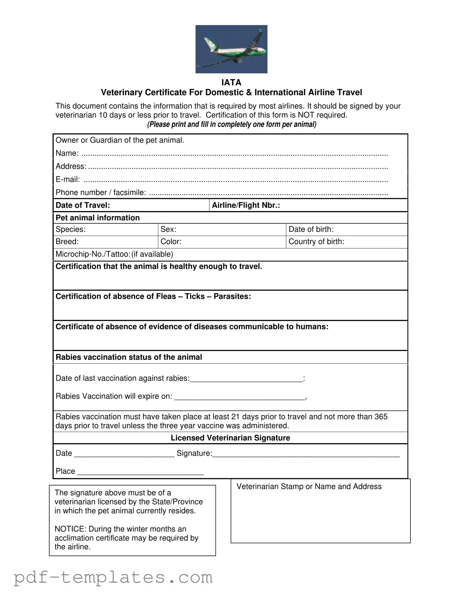 Get Veterinary Certificate Travel Form in PDF