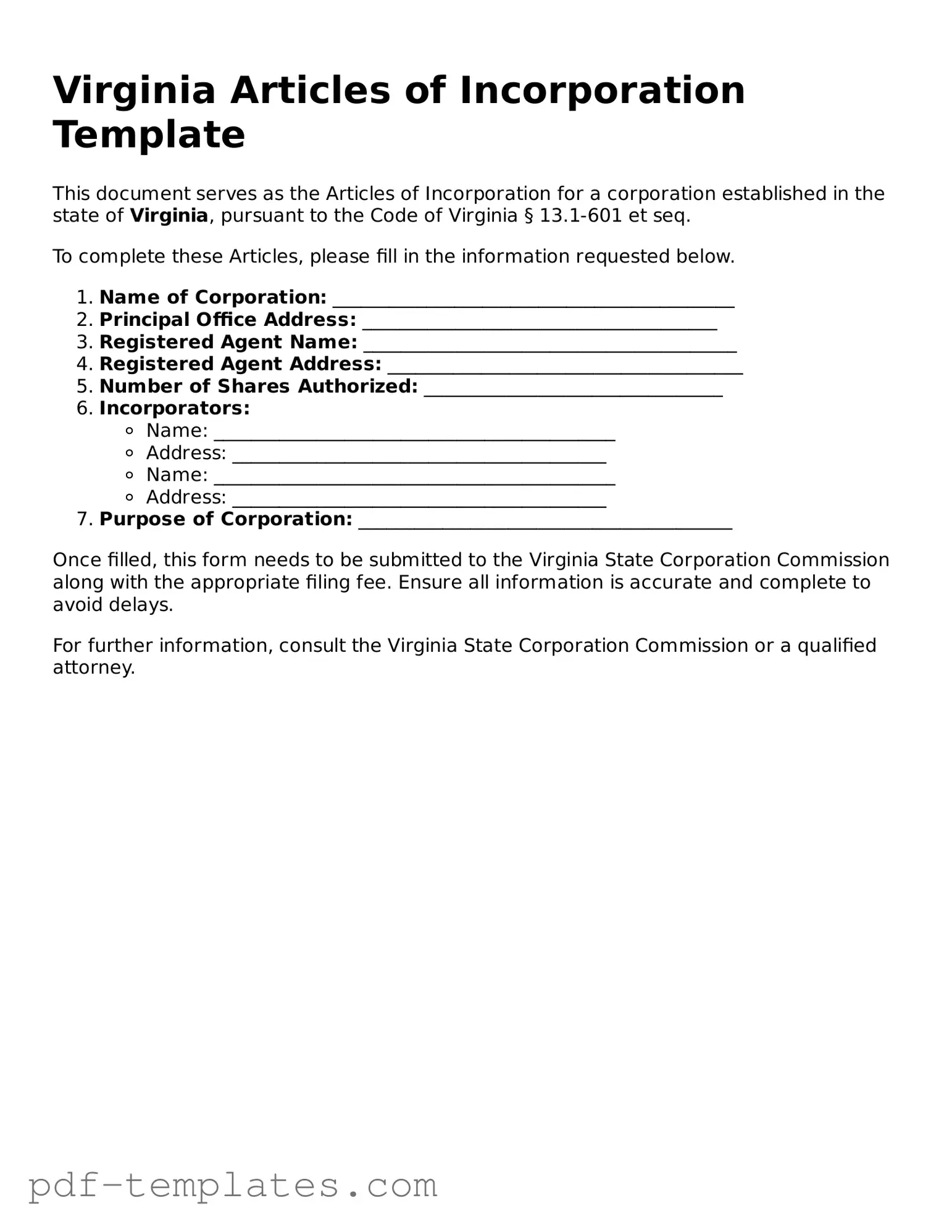 Official Articles of Incorporation Template for Virginia State