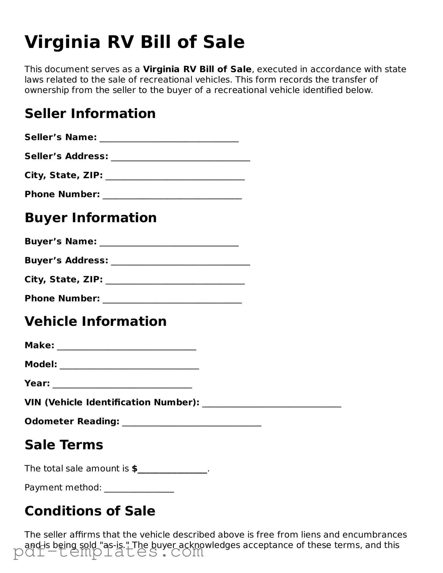Official RV Bill of Sale Template for Virginia State
