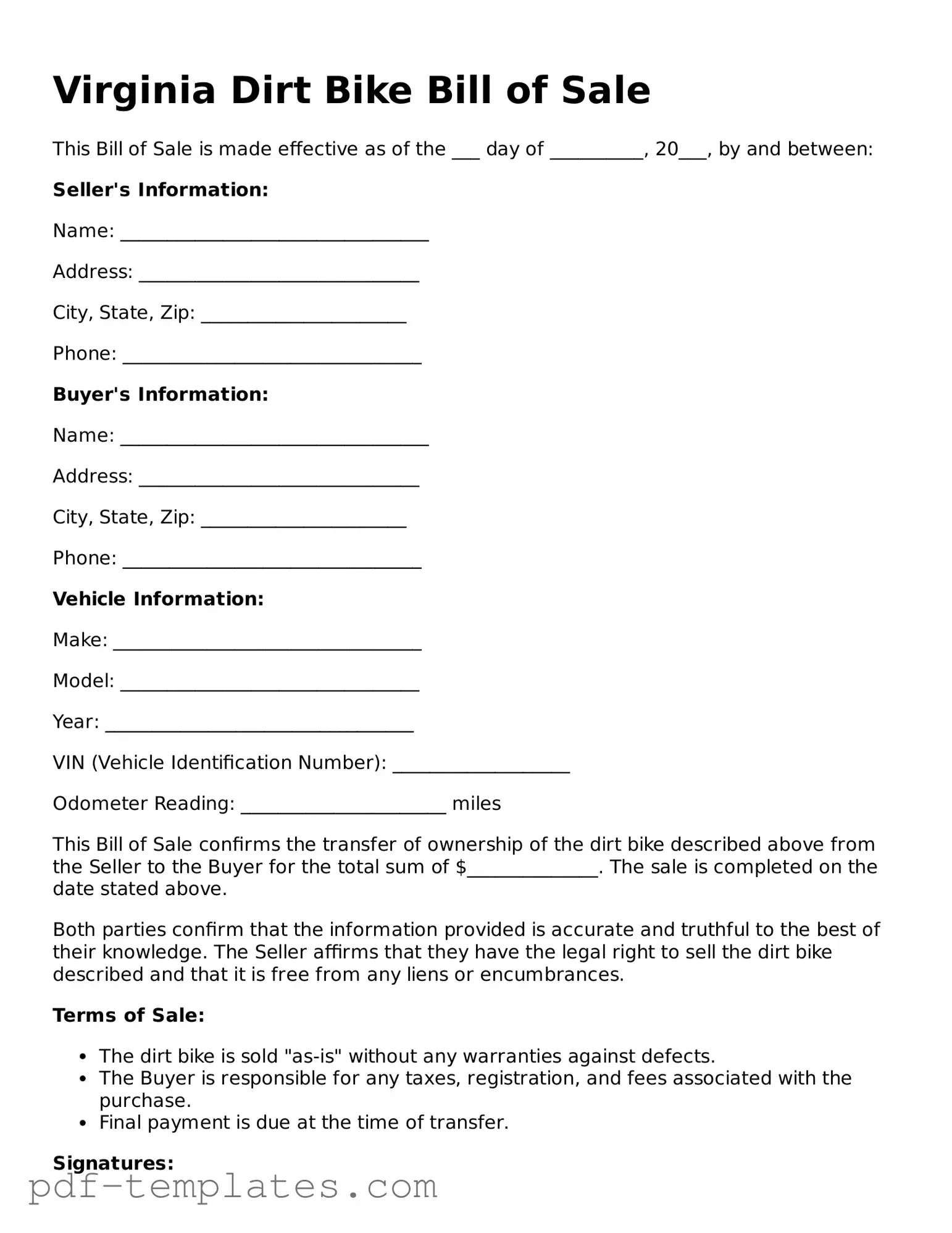 Official Dirt Bike Bill of Sale Template for Virginia State