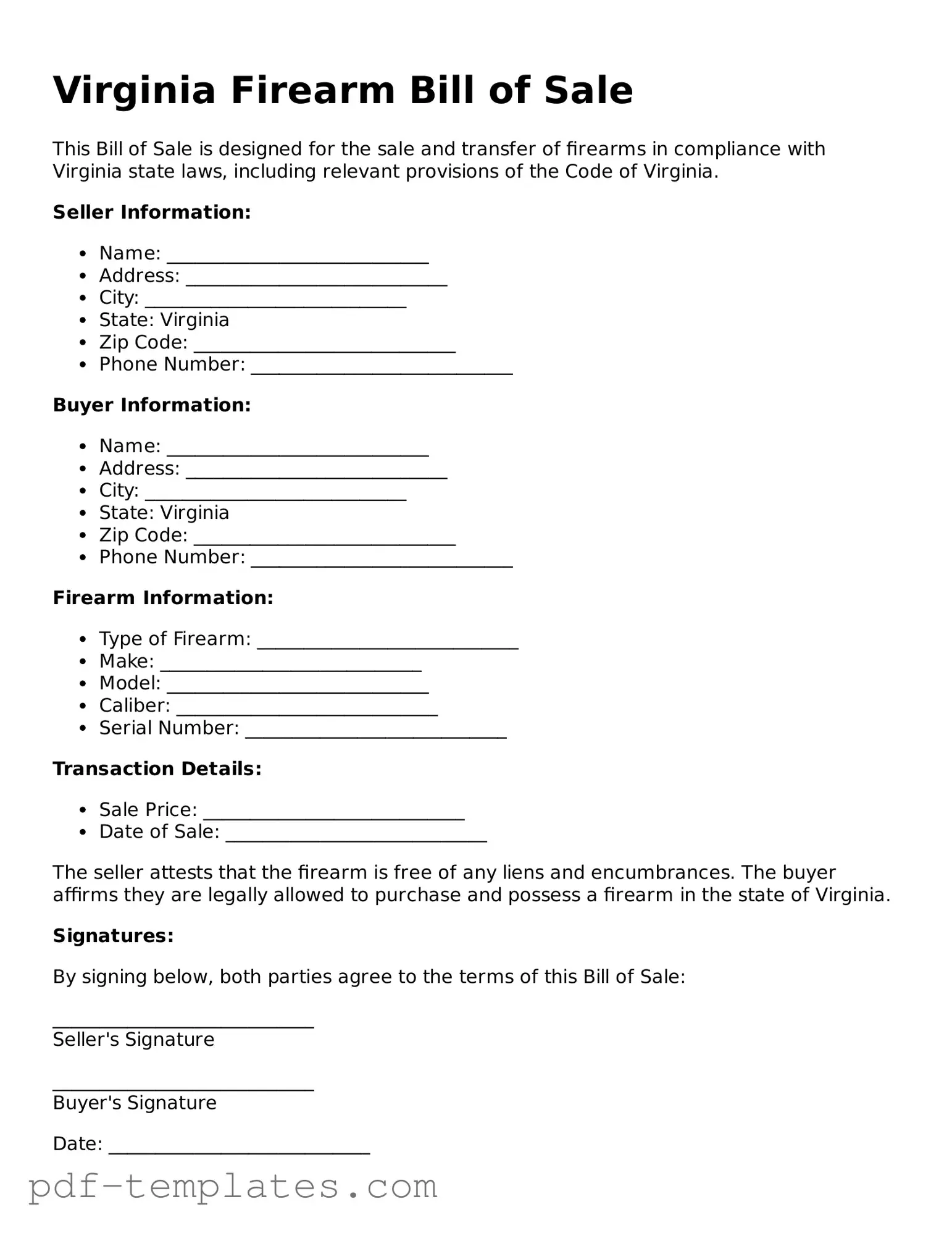 Official Firearm Bill of Sale Template for Virginia State
