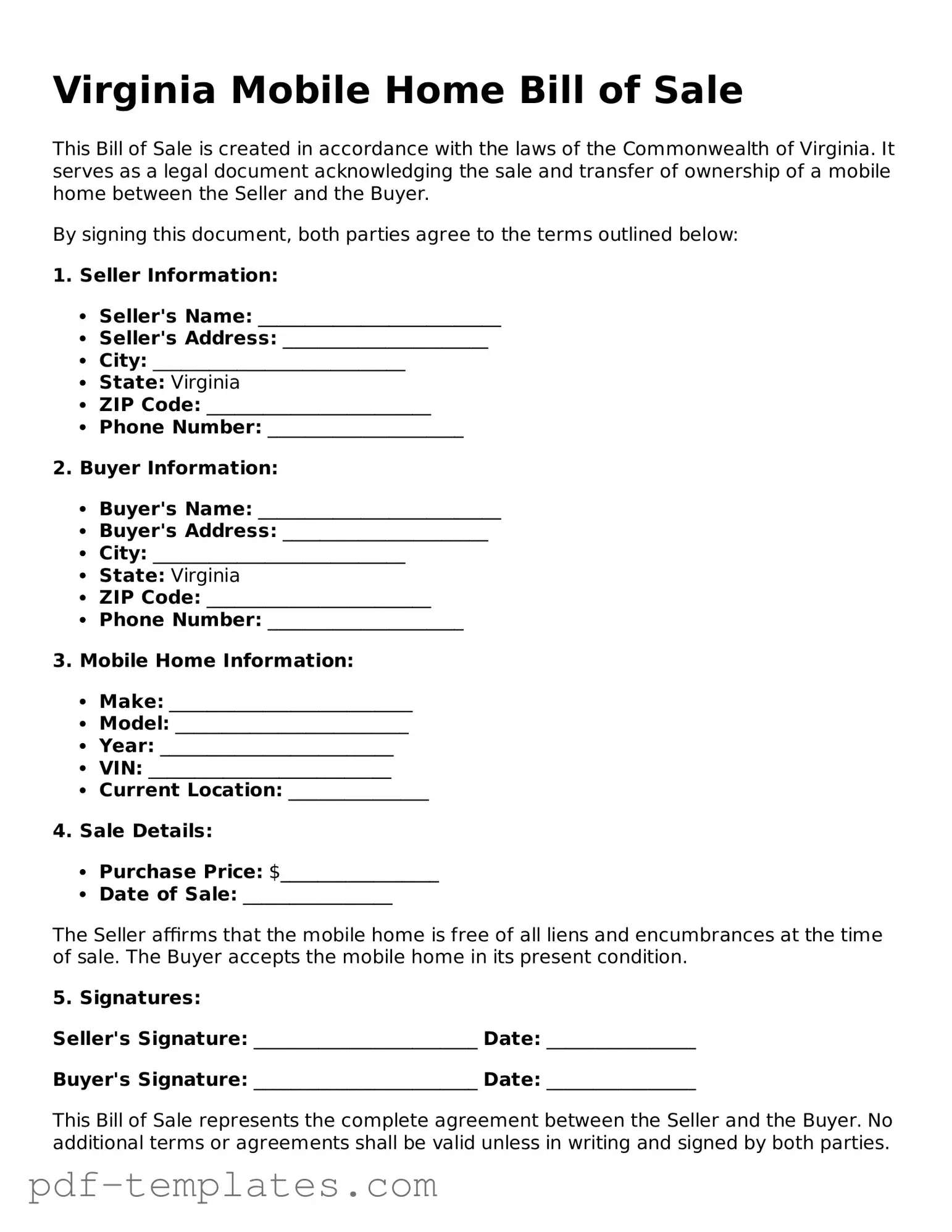 Official Mobile Home Bill of Sale Template for Virginia State