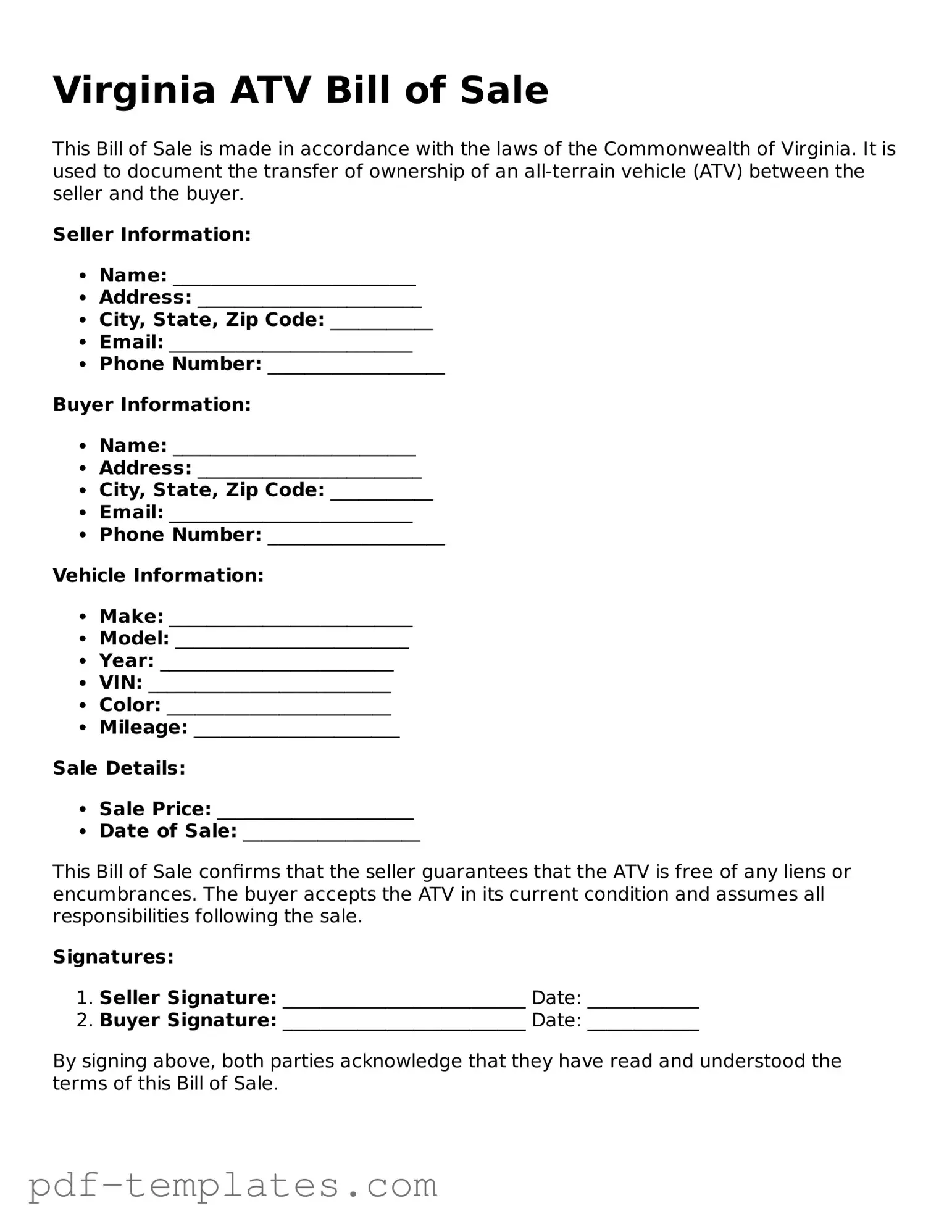 Official ATV Bill of Sale Template for Virginia State
