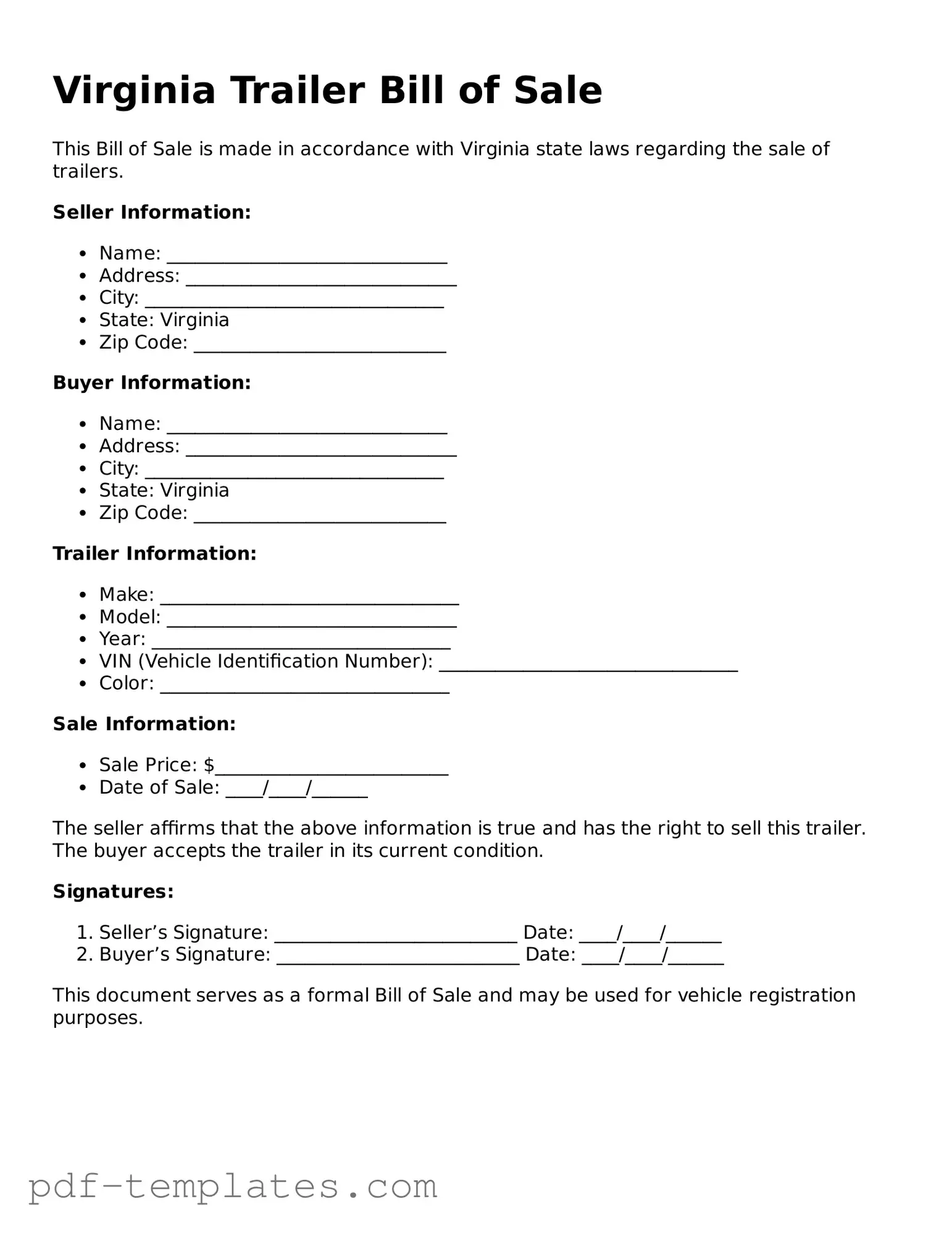 Official Trailer Bill of Sale Template for Virginia State