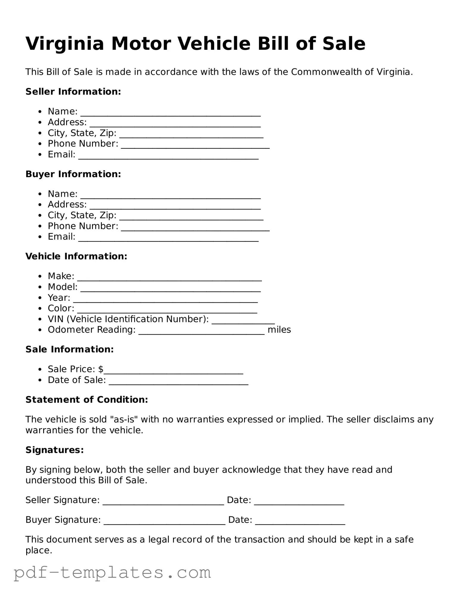 Official Motor Vehicle Bill of Sale Template for Virginia State