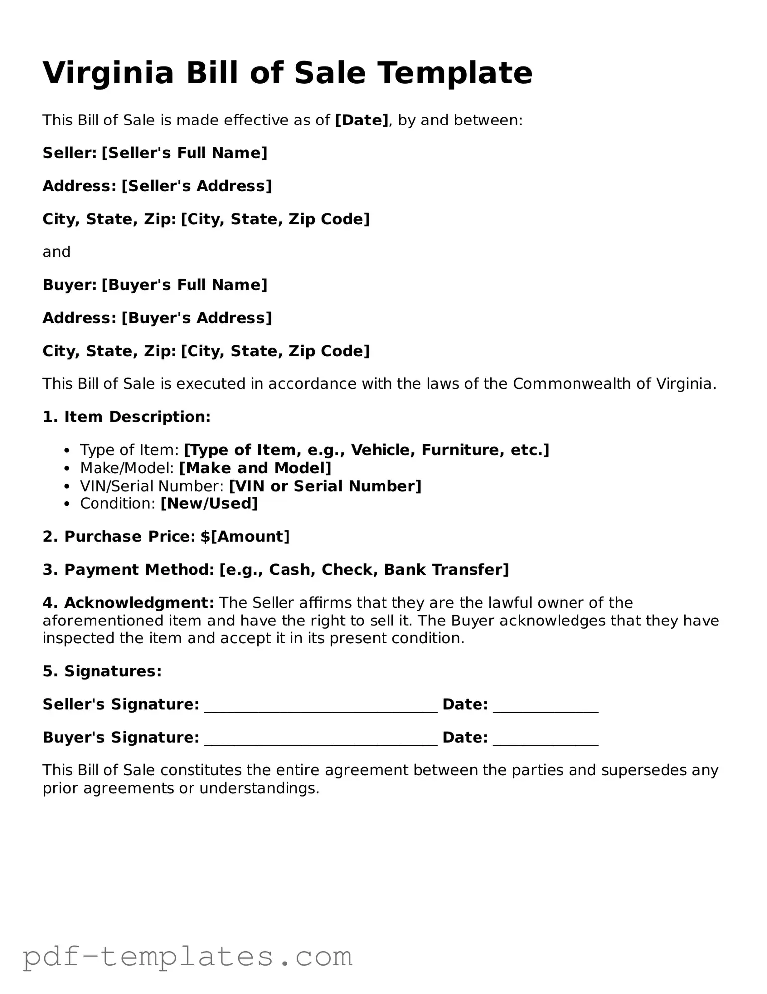 Official Bill of Sale Template for Virginia State