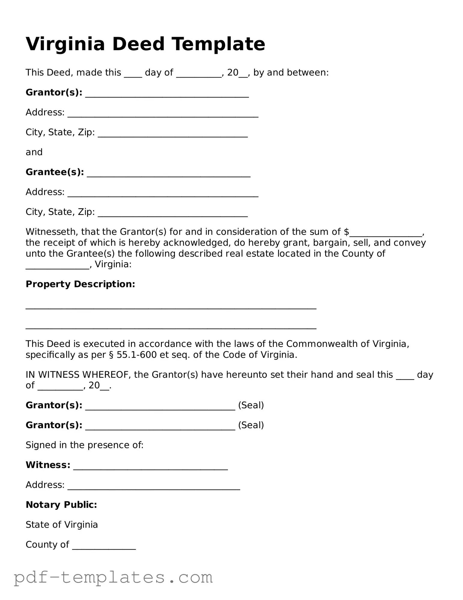 Official Deed Template for Virginia State