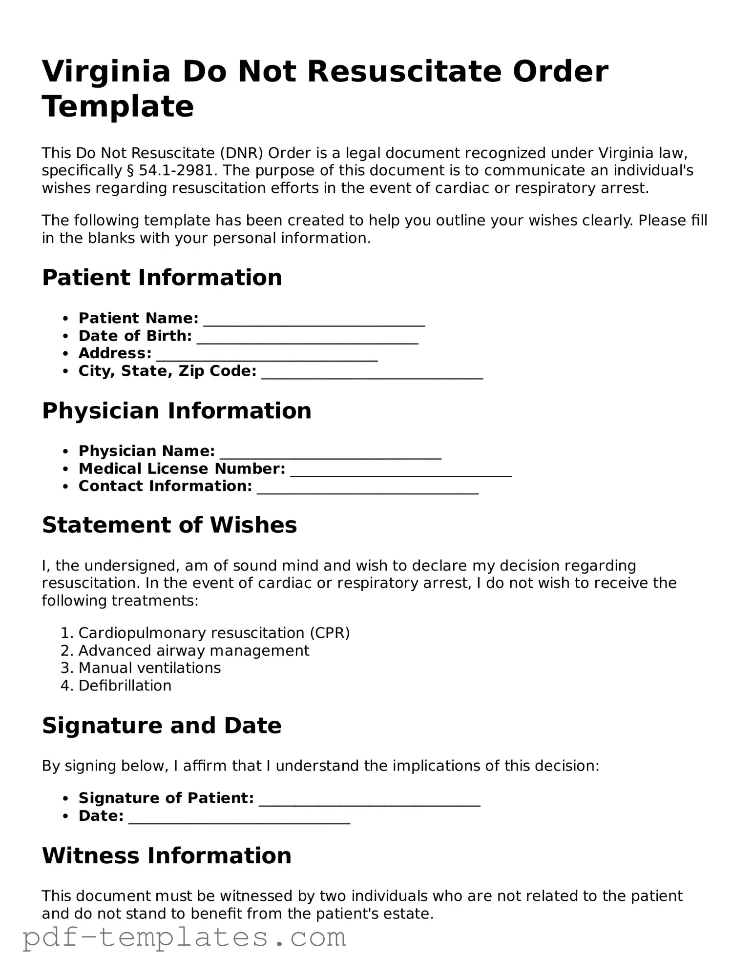 Official Do Not Resuscitate Order Template for Virginia State