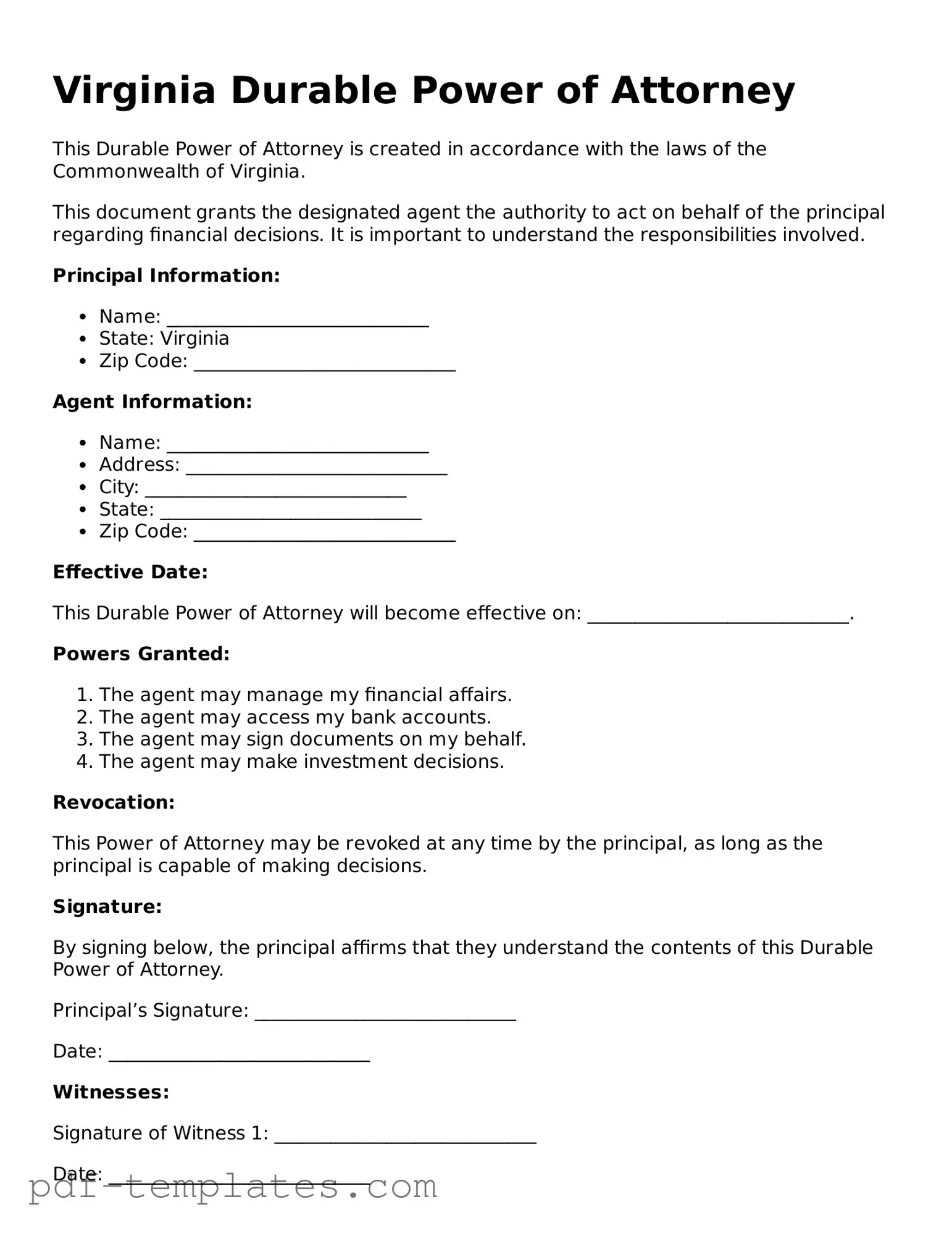 Official Durable Power of Attorney Template for Virginia State