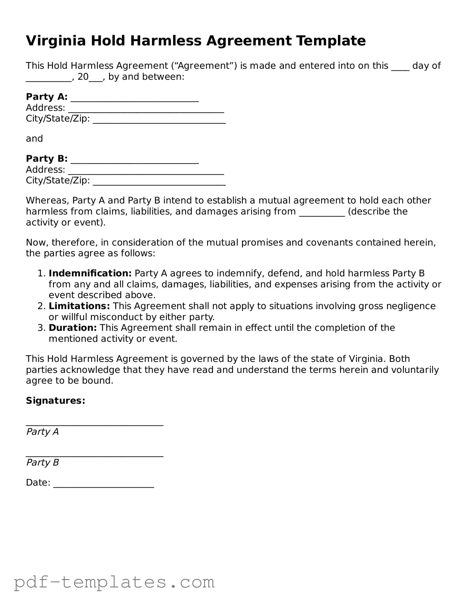 Official Hold Harmless Agreement Template for Virginia State
