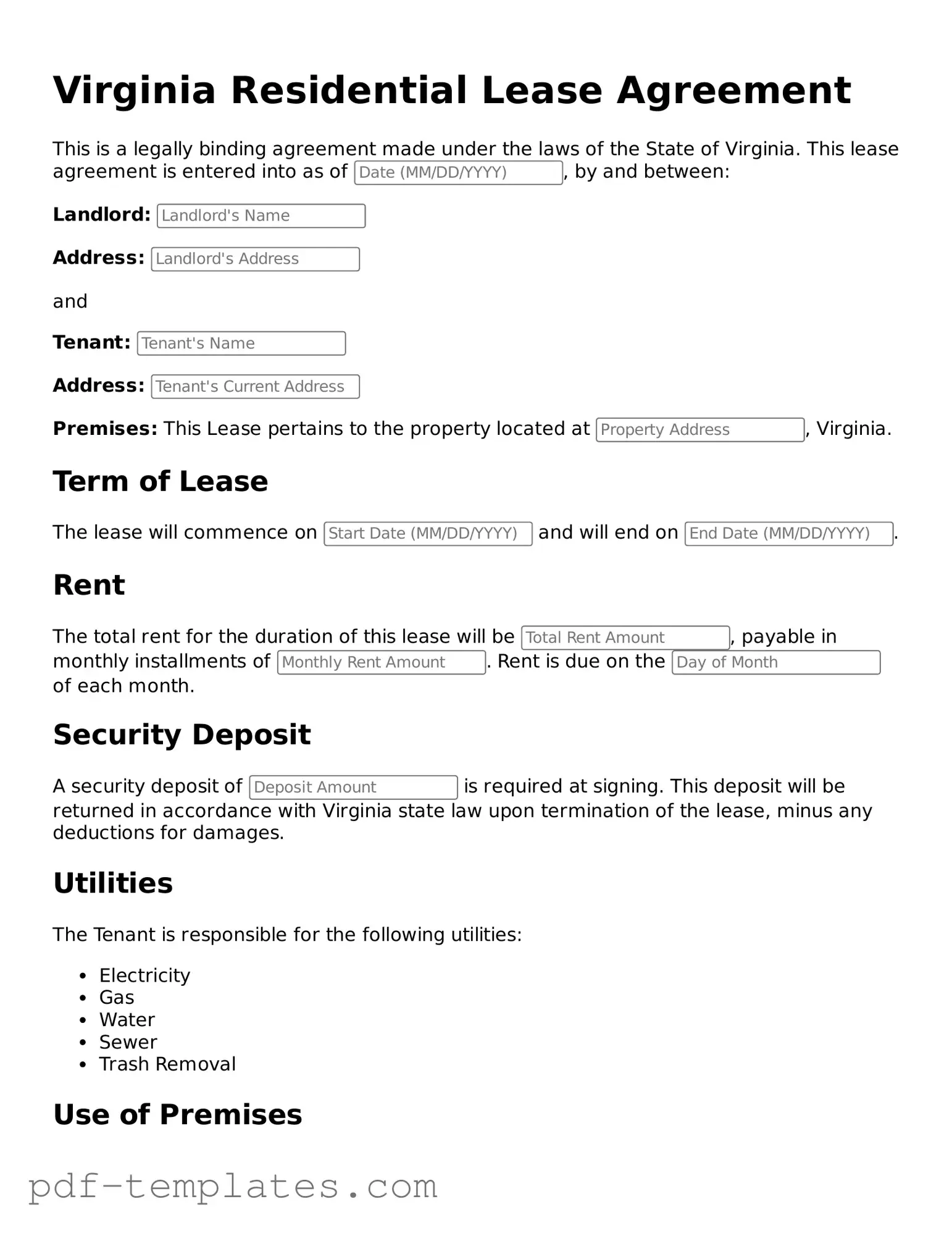 Official Residential Lease Agreement Template for Virginia State