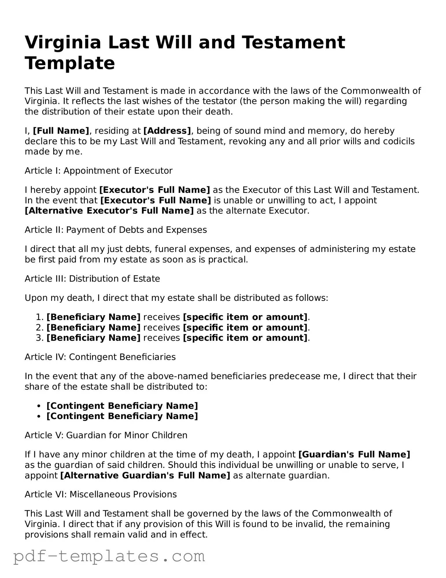 Official Last Will and Testament Template for Virginia State