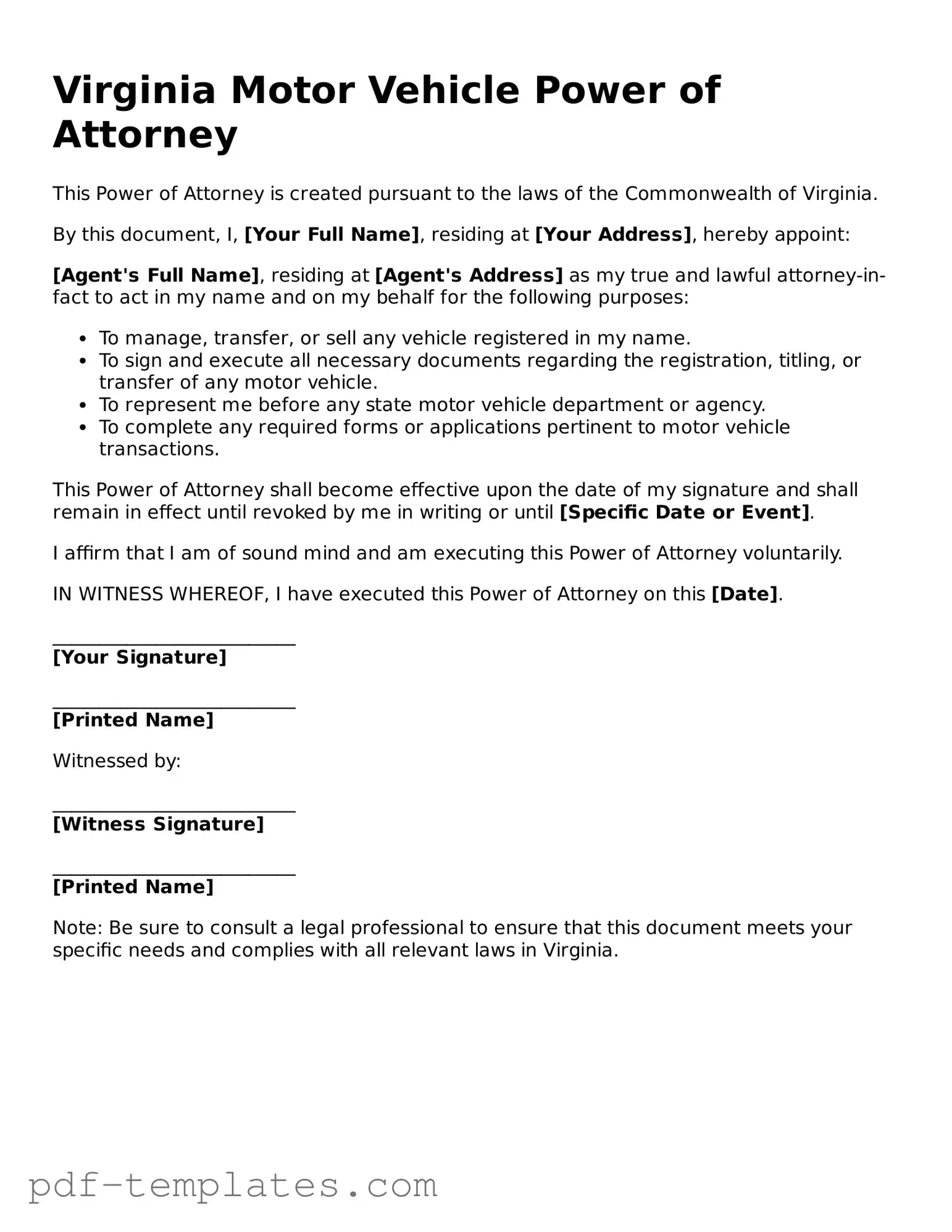Official Motor Vehicle Power of Attorney Template for Virginia State