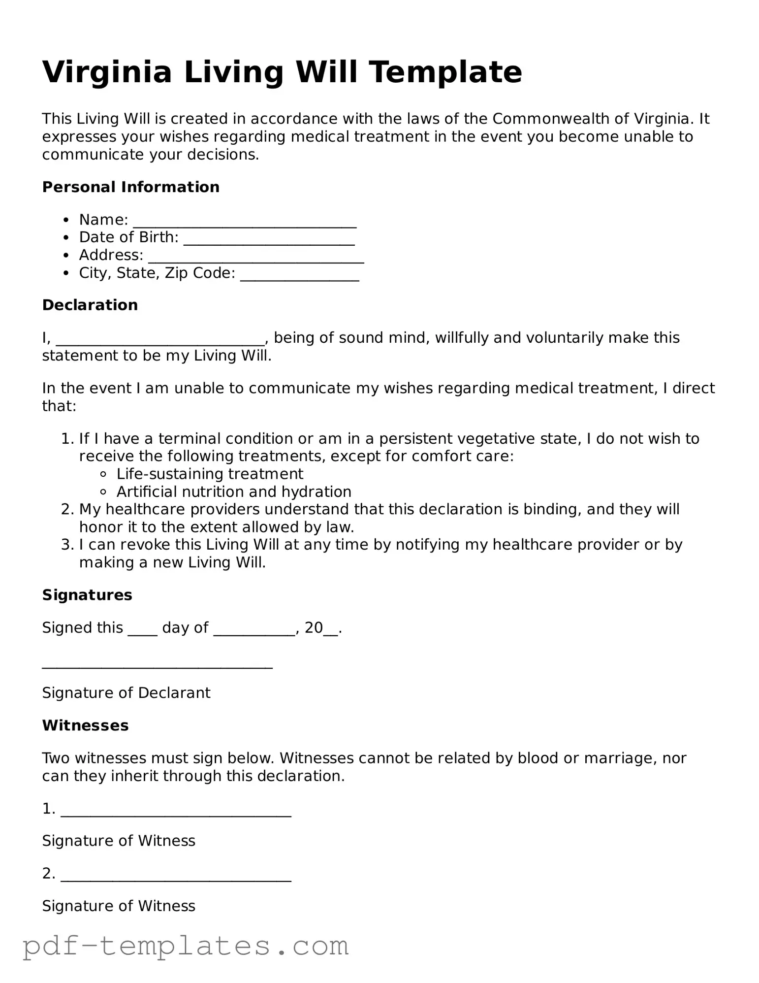Official Living Will Template for Virginia State
