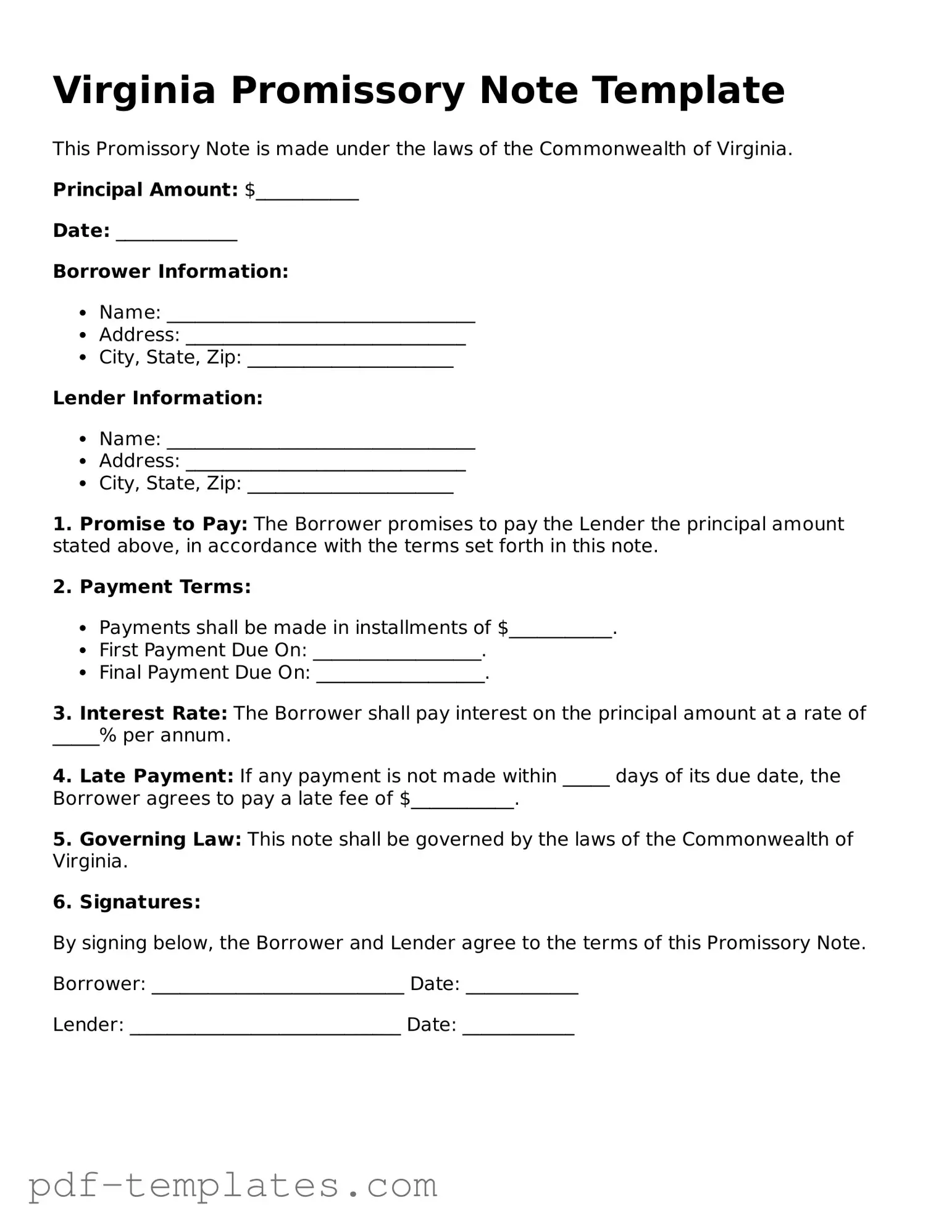 Official Promissory Note Template for Virginia State