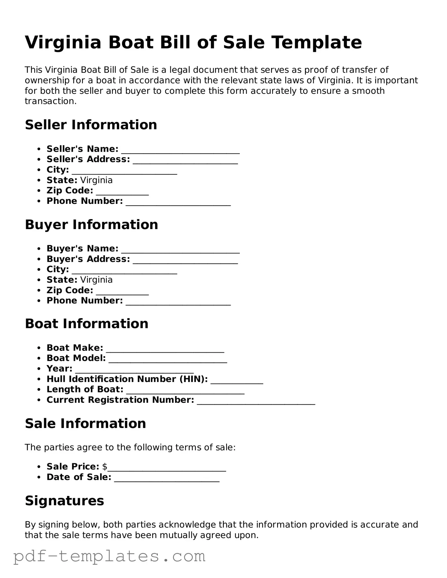 Official Boat Bill of Sale Template for Virginia State