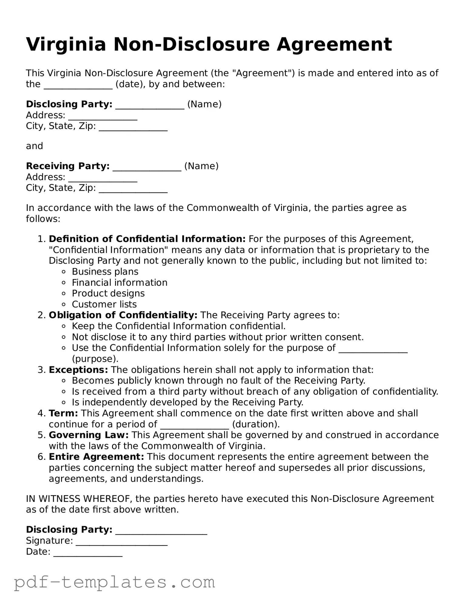 Official Non-disclosure Agreement Template for Virginia State