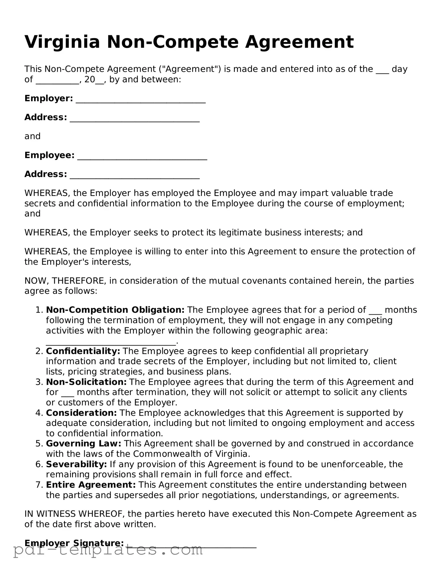 Official Non-compete Agreement Template for Virginia State