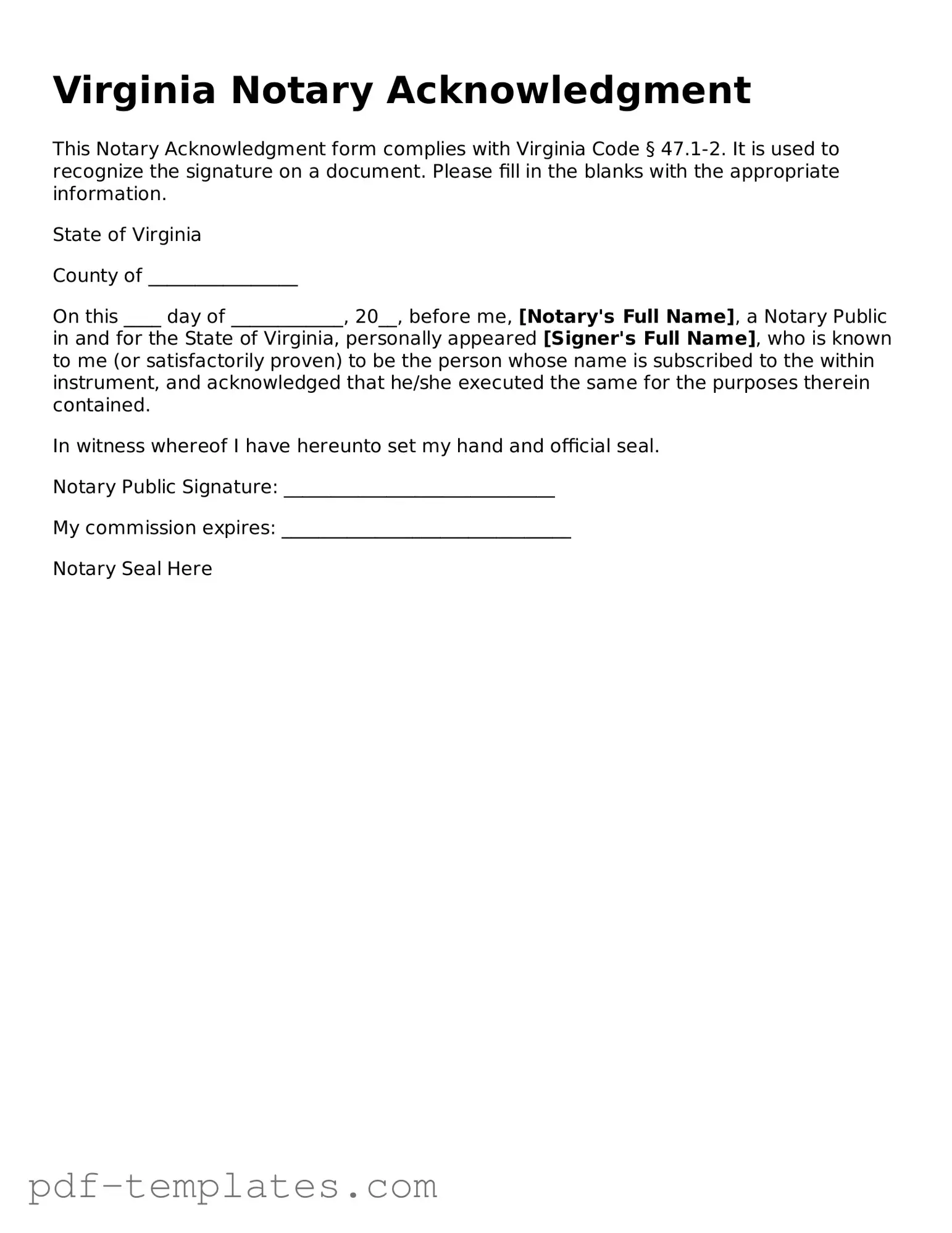Official Notary Acknowledgement Template for Virginia State