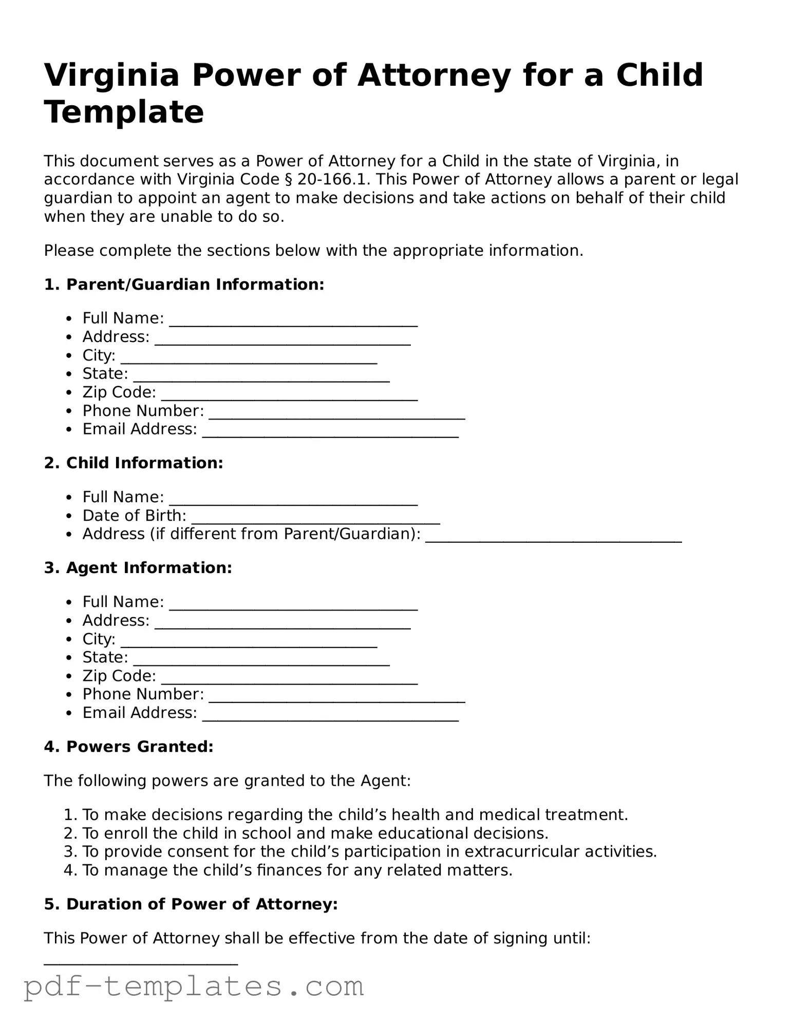 Official Power of Attorney for a Child Template for Virginia State