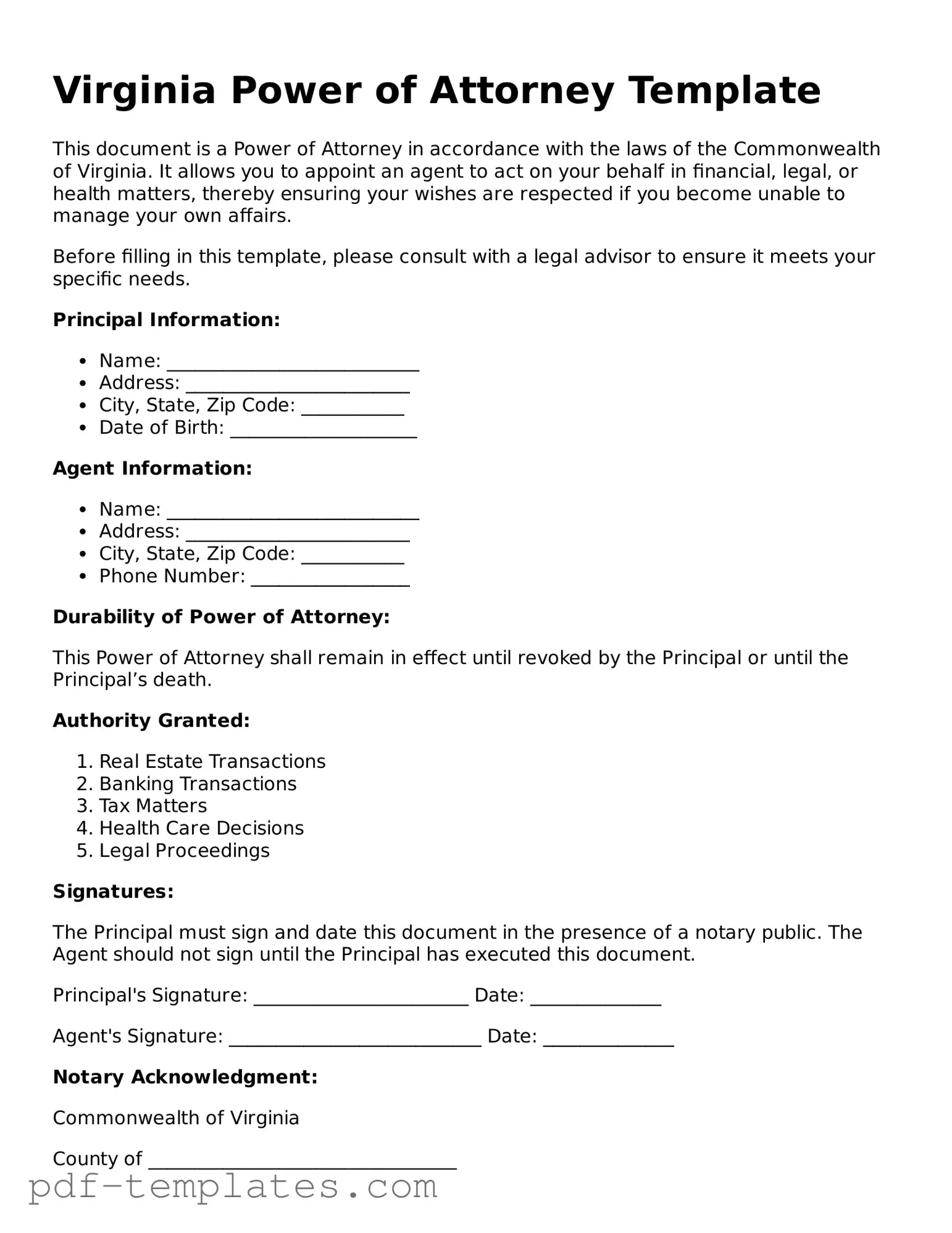 Official Power of Attorney Template for Virginia State