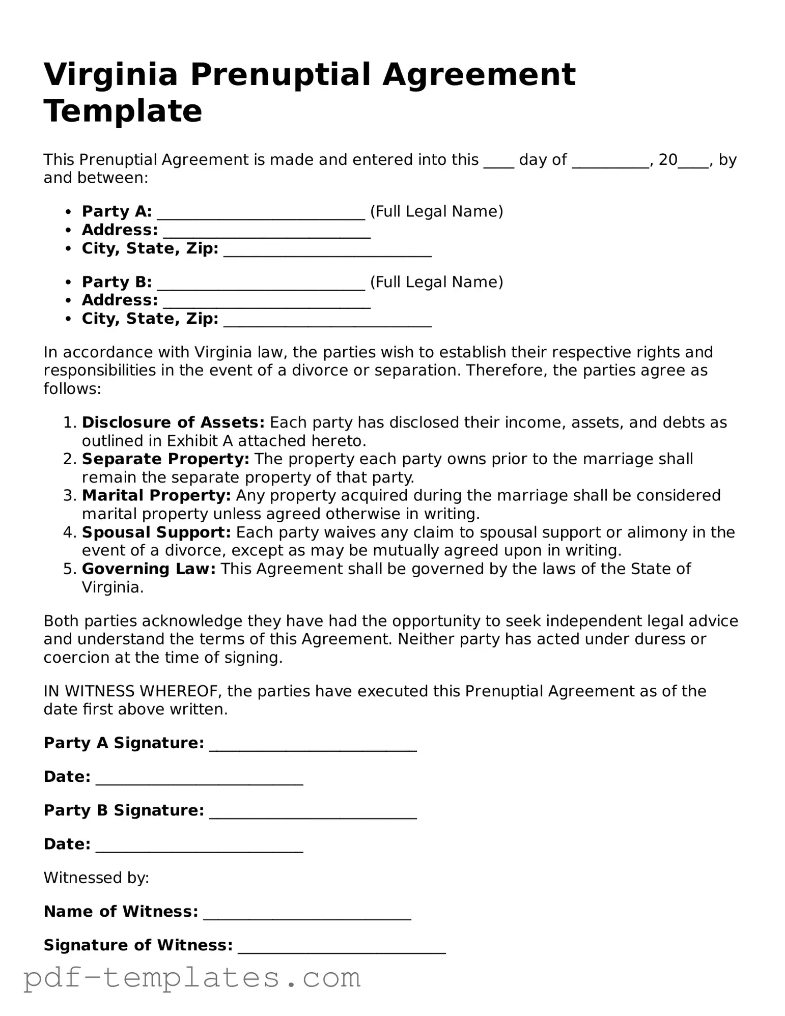 Official Prenuptial Agreement Template for Virginia State