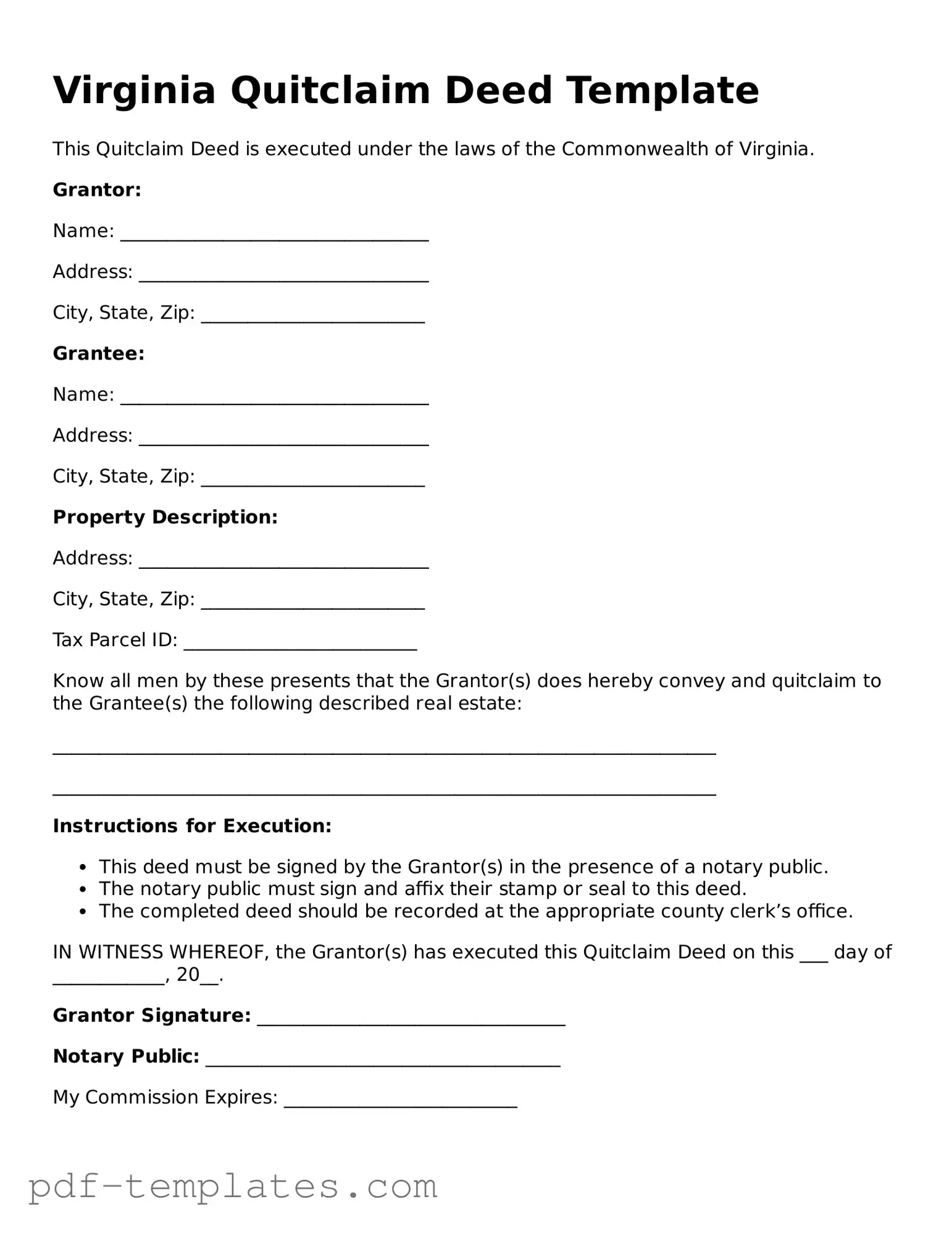 Official Quitclaim Deed Template for Virginia State