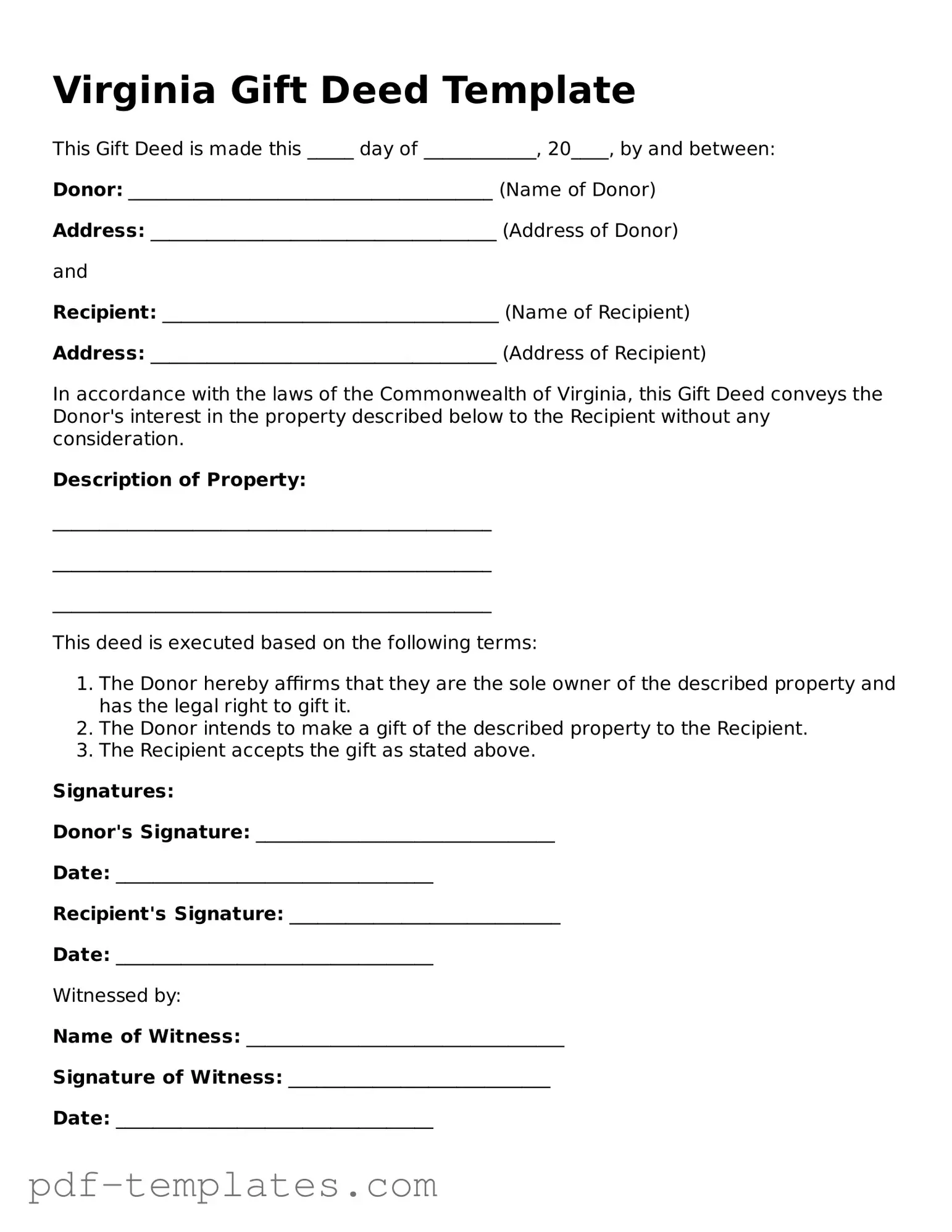 Official Gift Deed Template for Virginia State