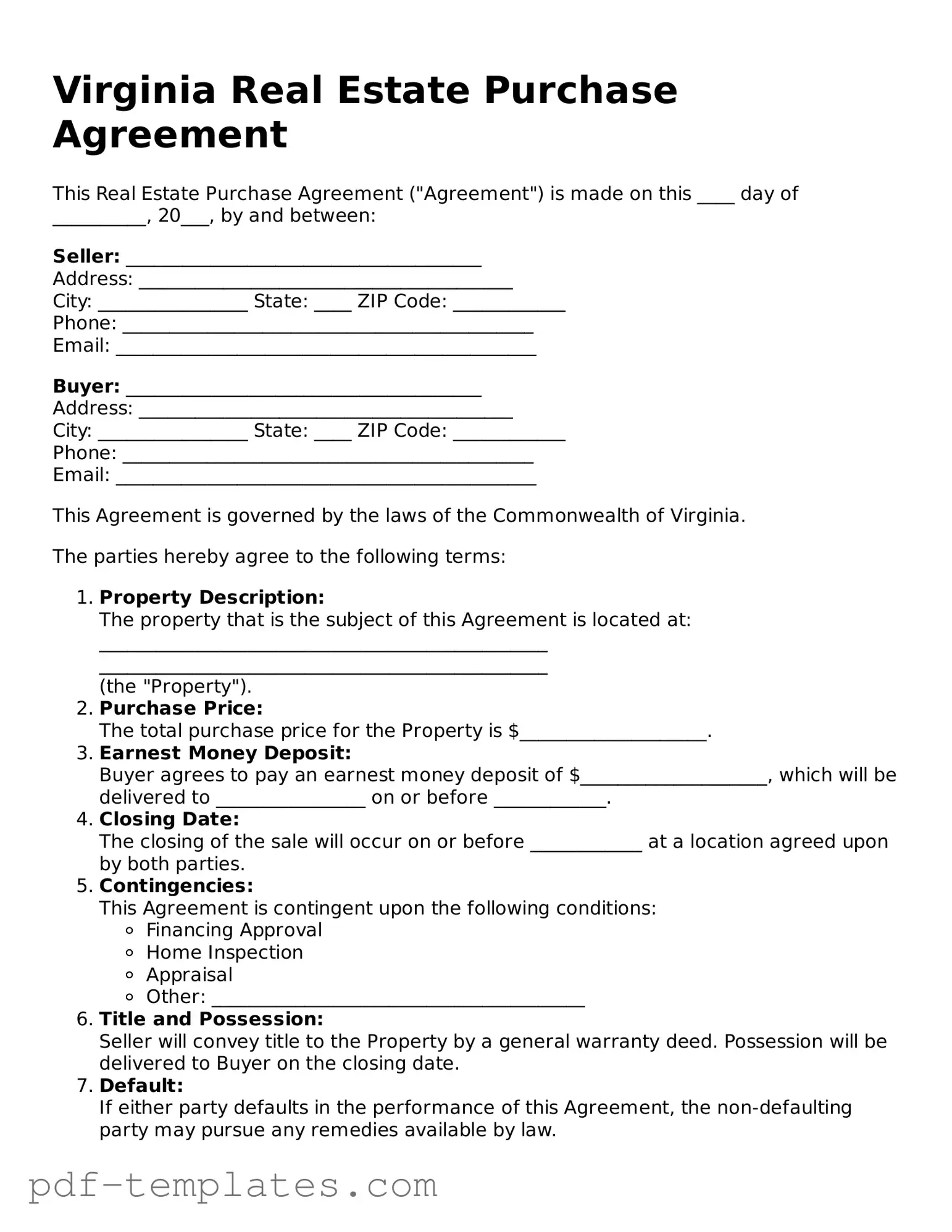 Official Real Estate Purchase Agreement Template for Virginia State