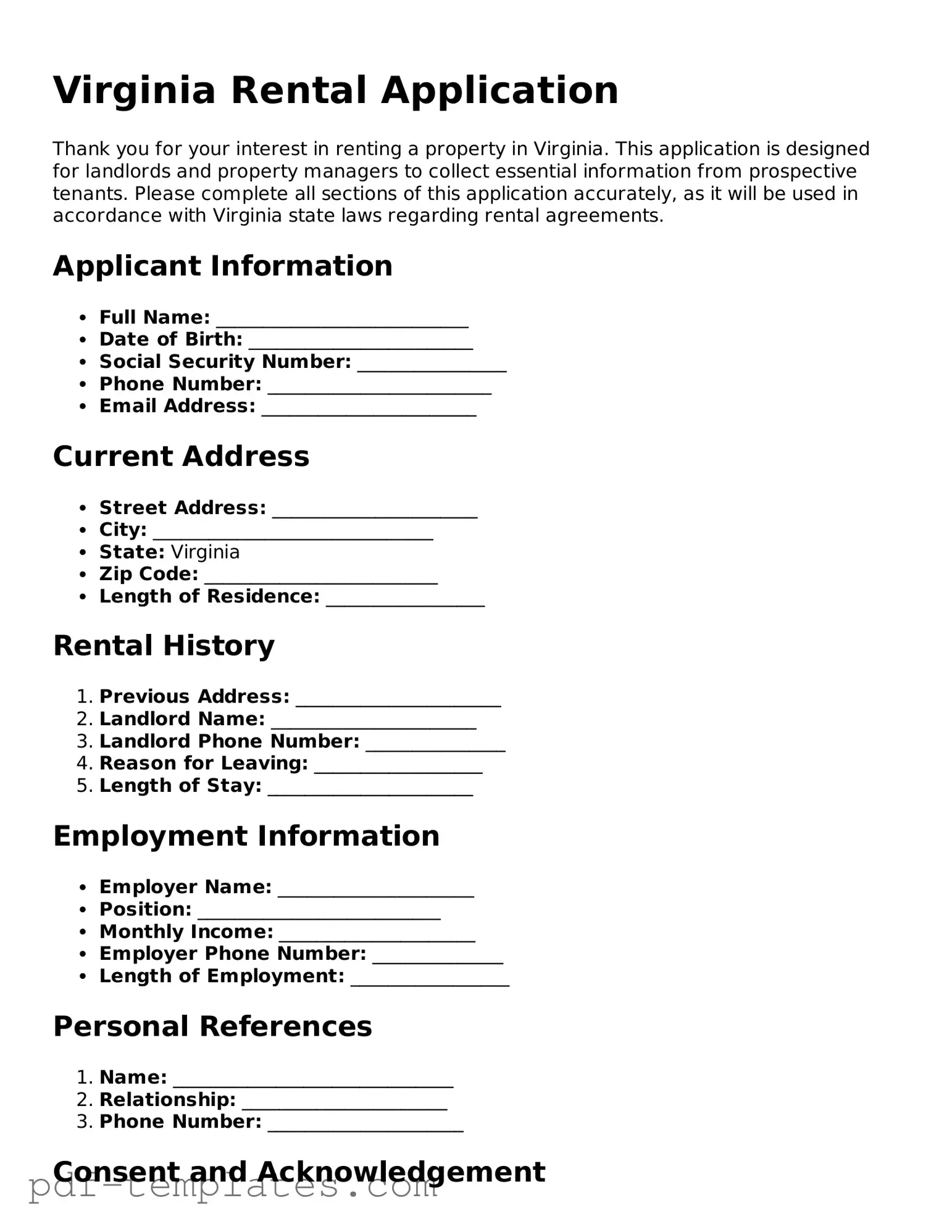 Official Rental Application Template for Virginia State