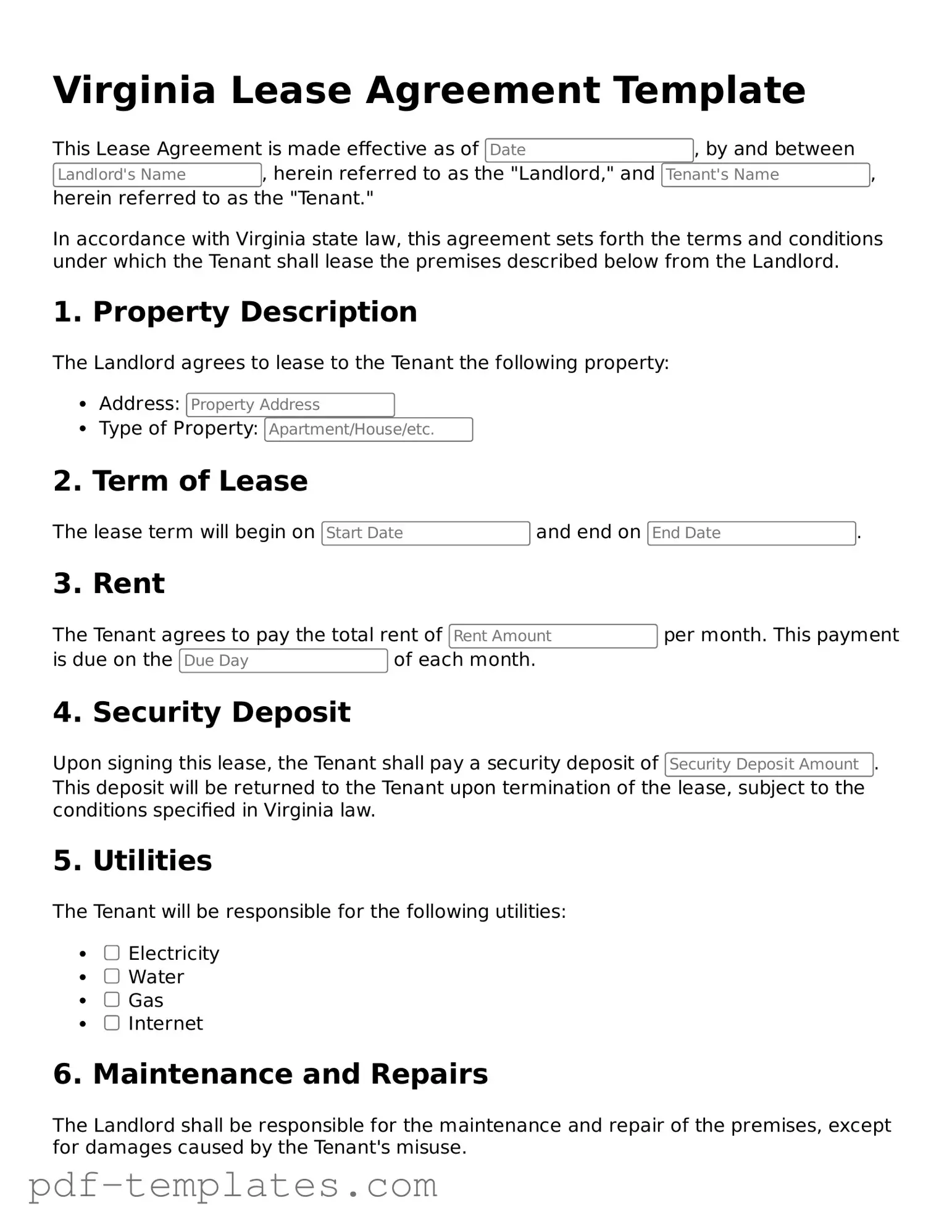 Official Lease Agreement Template for Virginia State