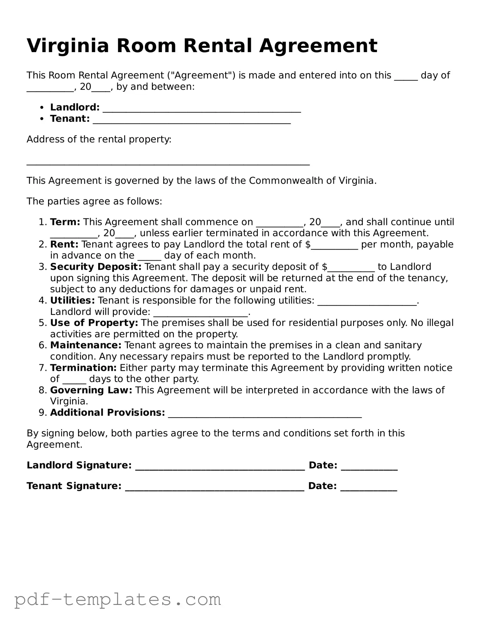 Official Room Rental Agreement Template for Virginia State