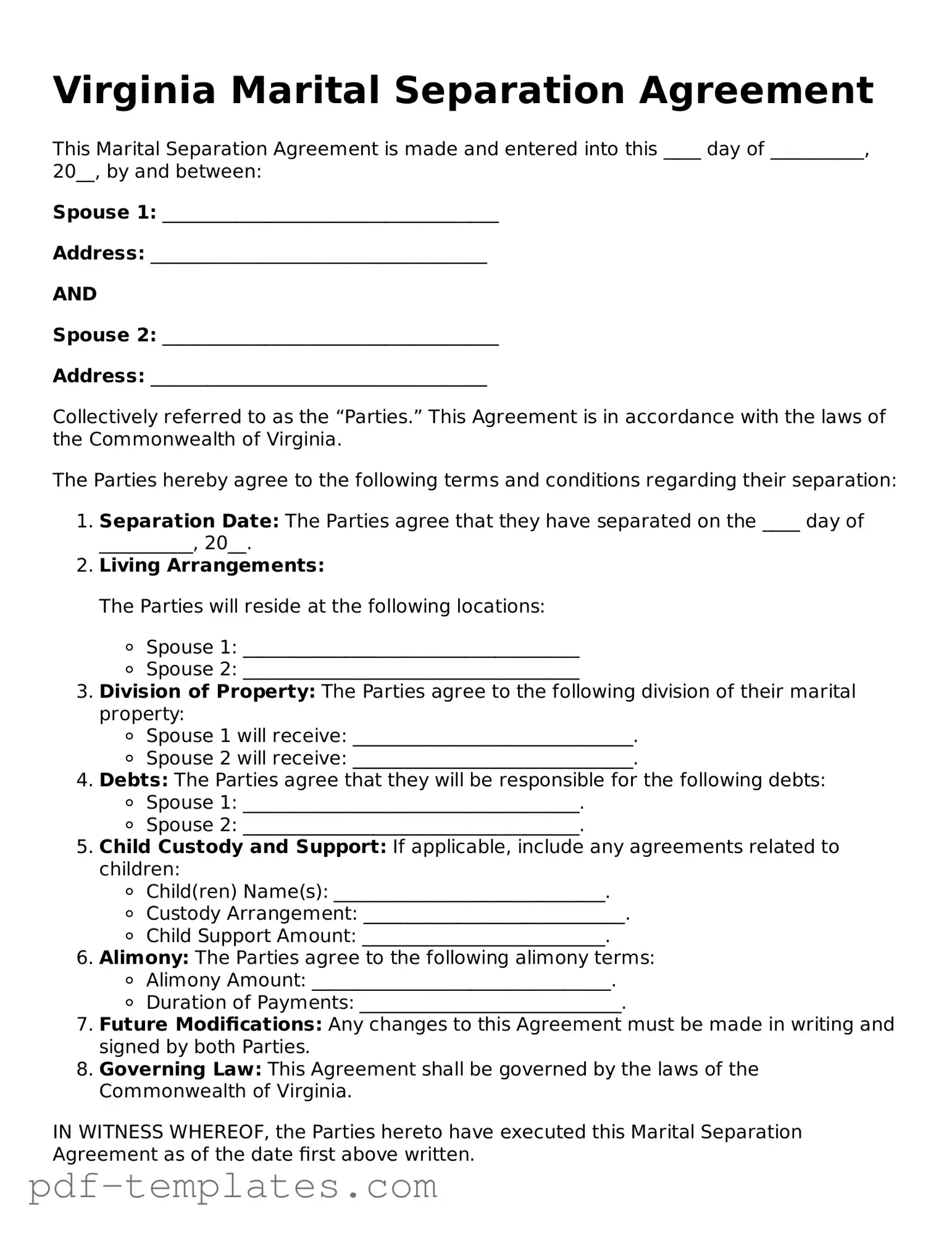 Official Marital Separation Agreement Template for Virginia State