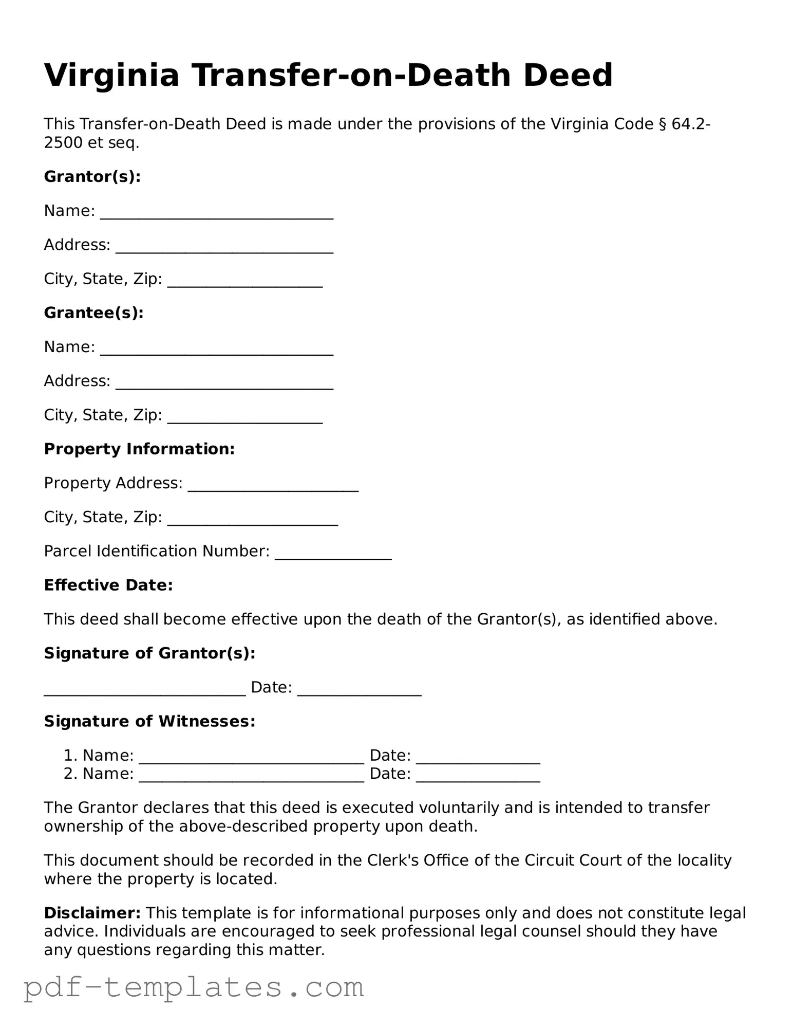 Official Transfer-on-Death Deed Template for Virginia State