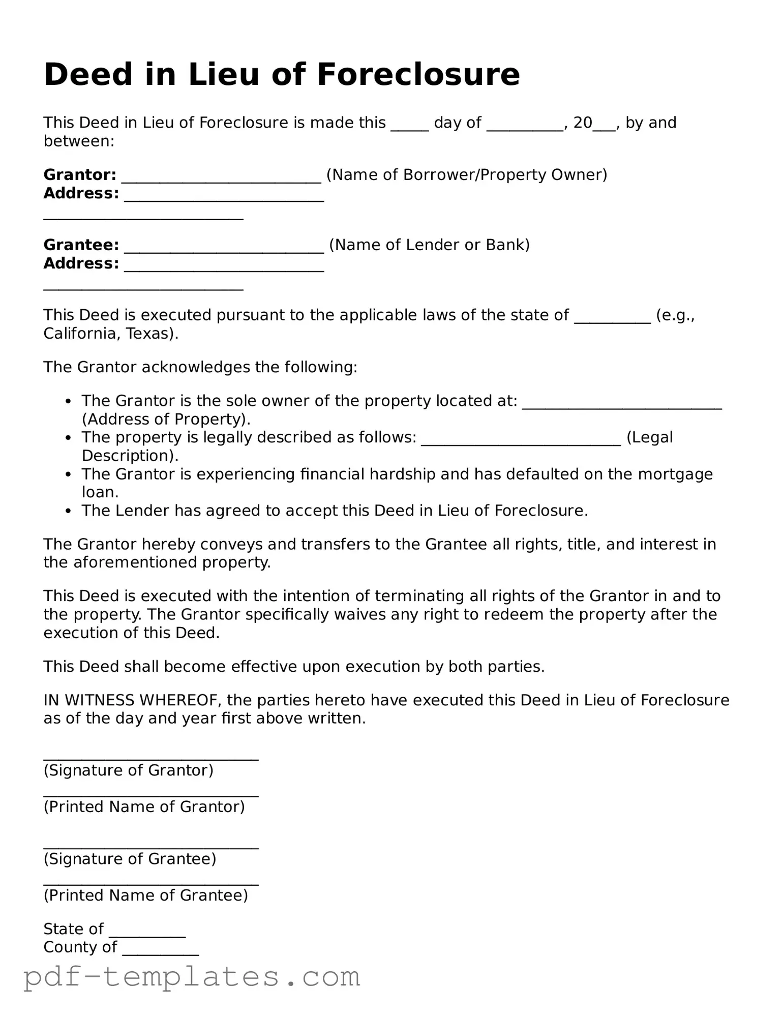 Deed in Lieu of Foreclosure Document