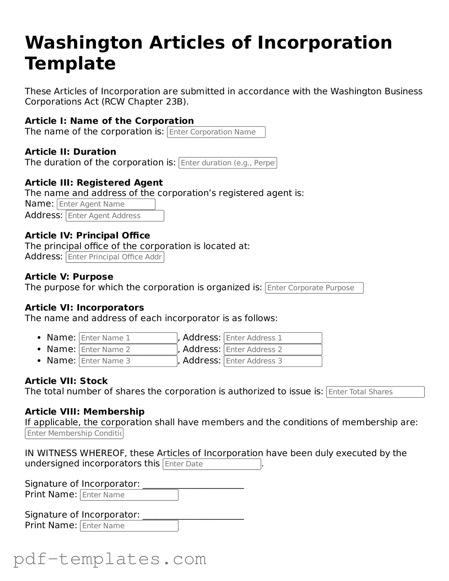 Official Articles of Incorporation Template for Washington State
