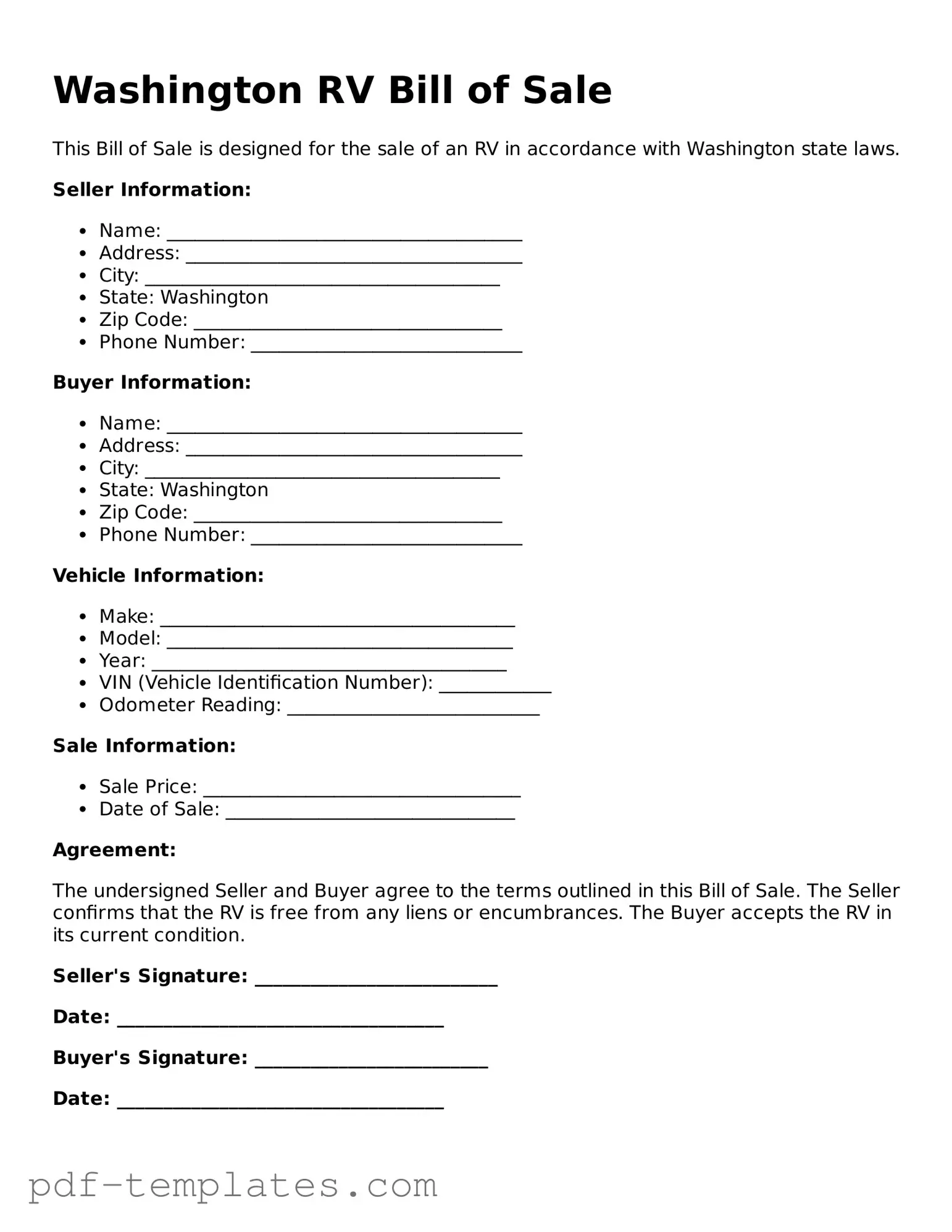 Official RV Bill of Sale Template for Washington State