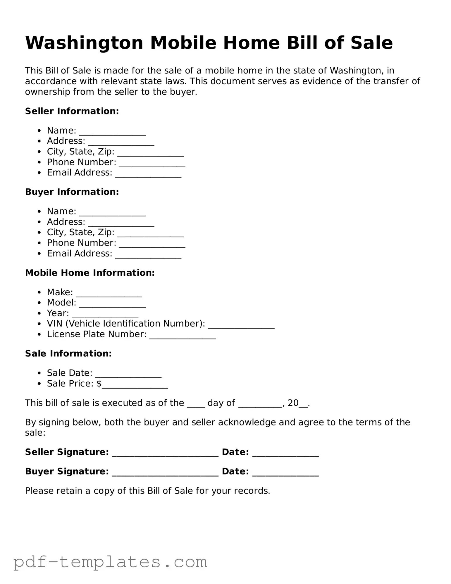 Official Mobile Home Bill of Sale Template for Washington State