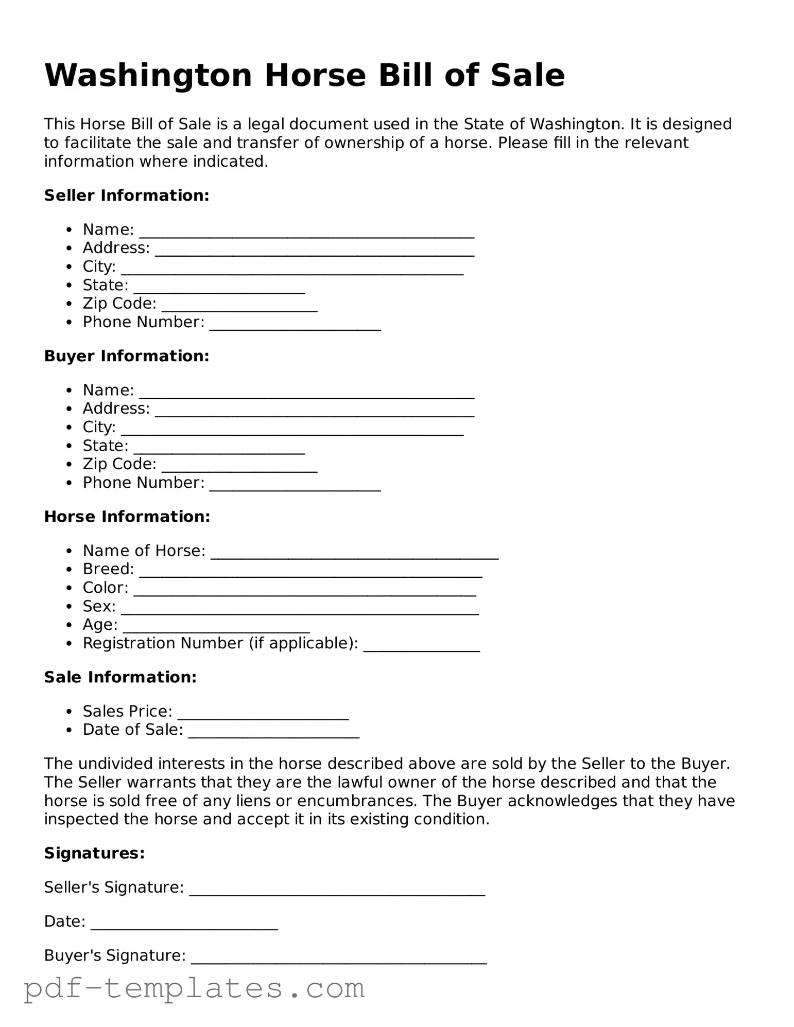 Official Horse Bill of Sale Template for Washington State