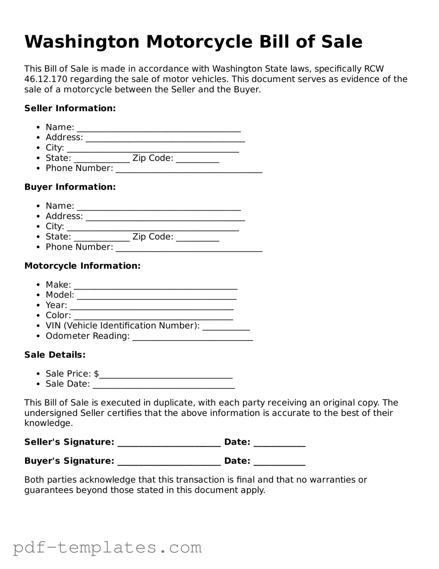 Official Motorcycle Bill of Sale Template for Washington State