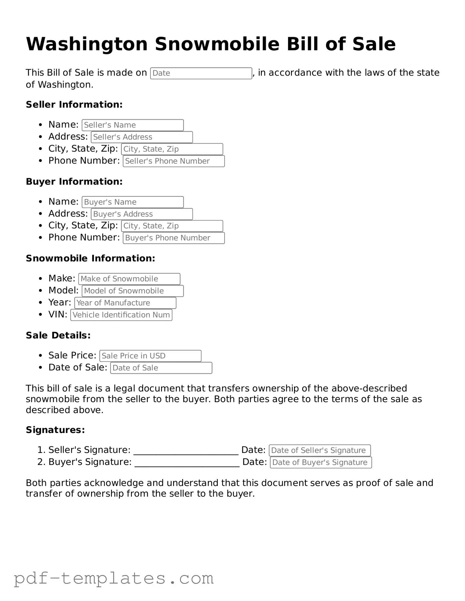 Official Snowmobile Bill of Sale Template for Washington State