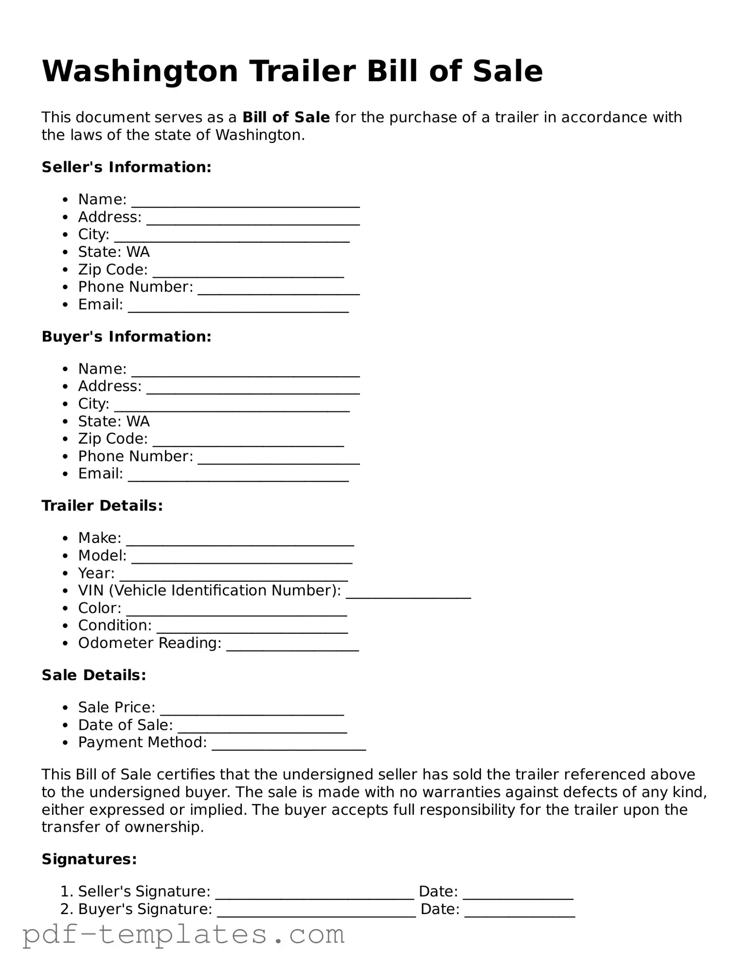 Official Trailer Bill of Sale Template for Washington State