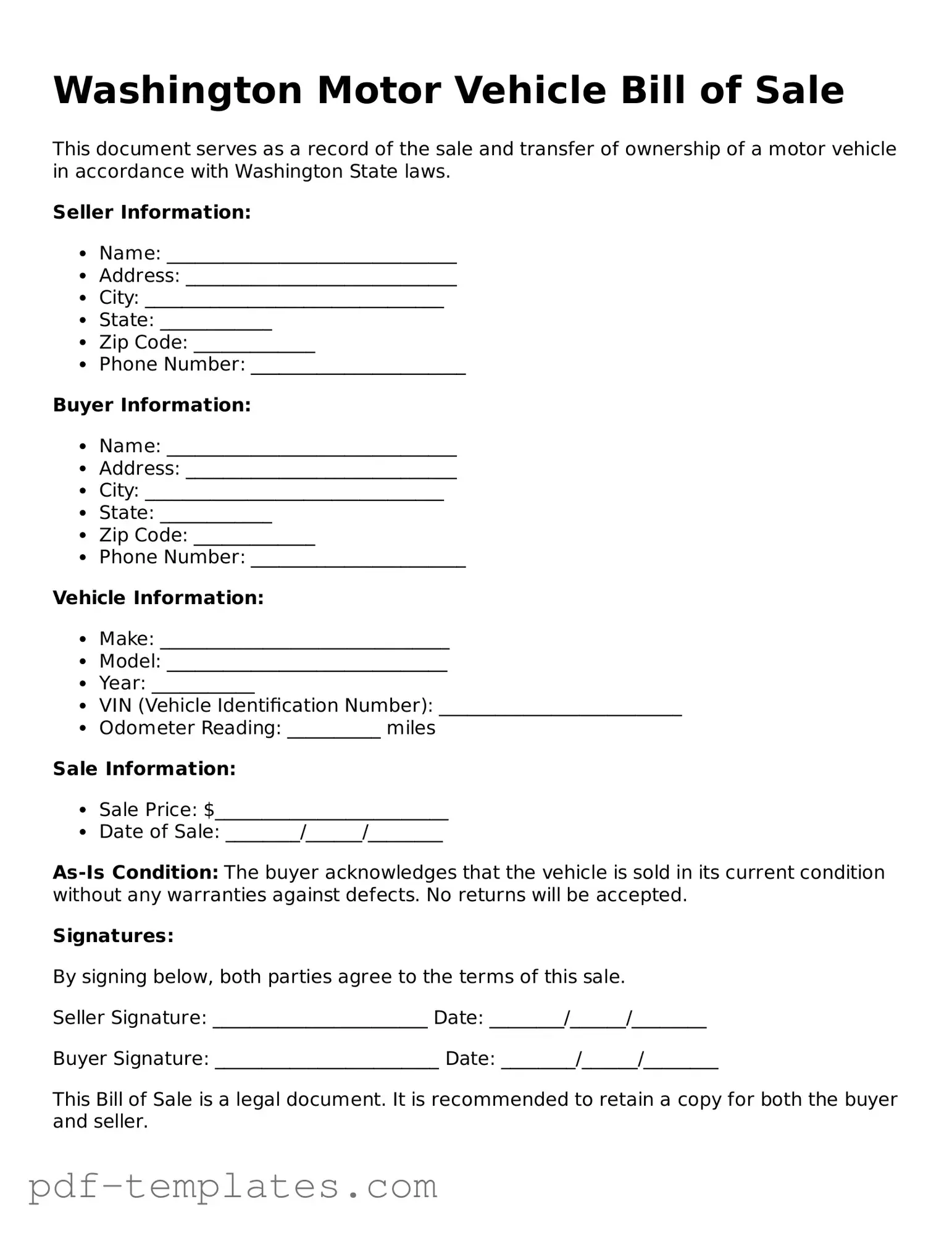 Official Motor Vehicle Bill of Sale Template for Washington State