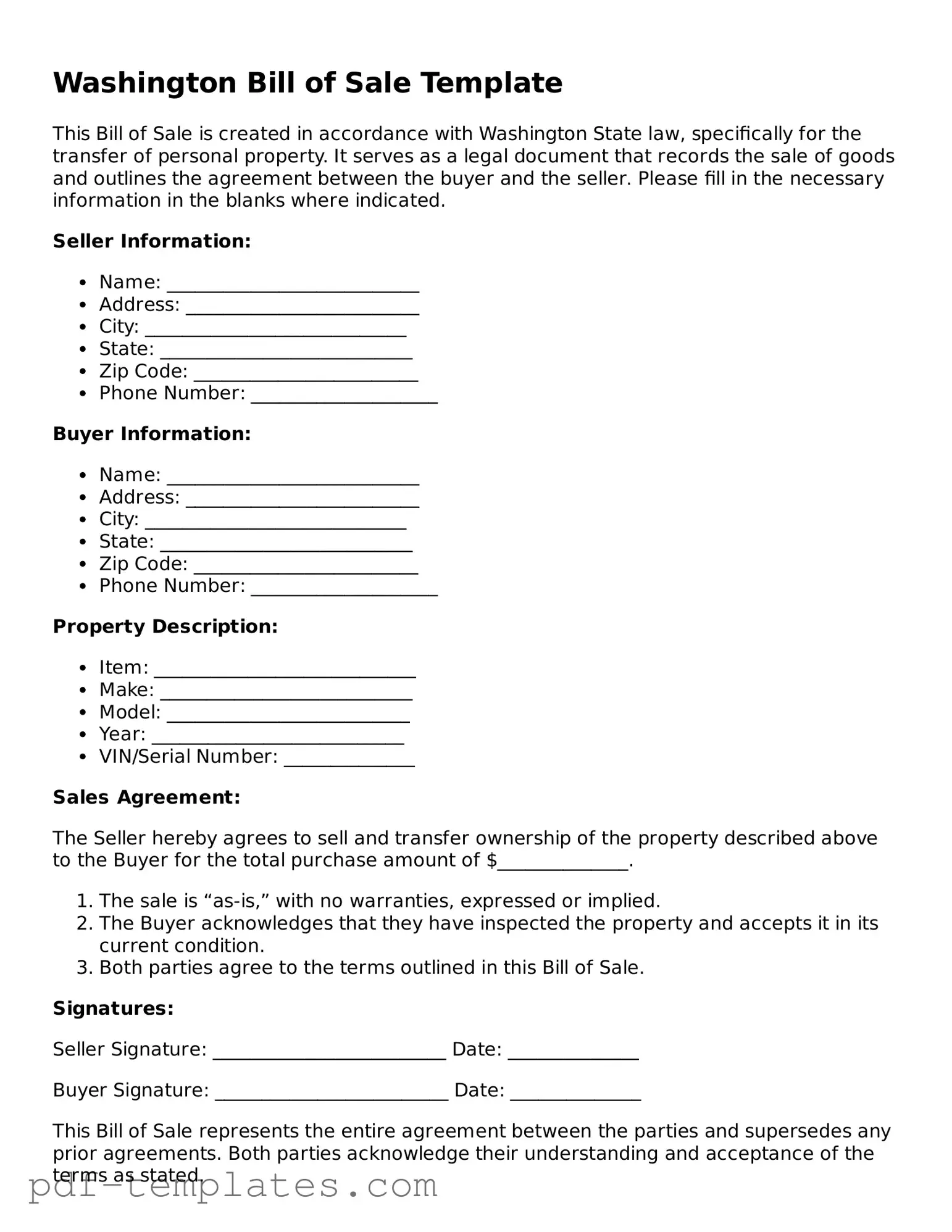 Official Bill of Sale Template for Washington State