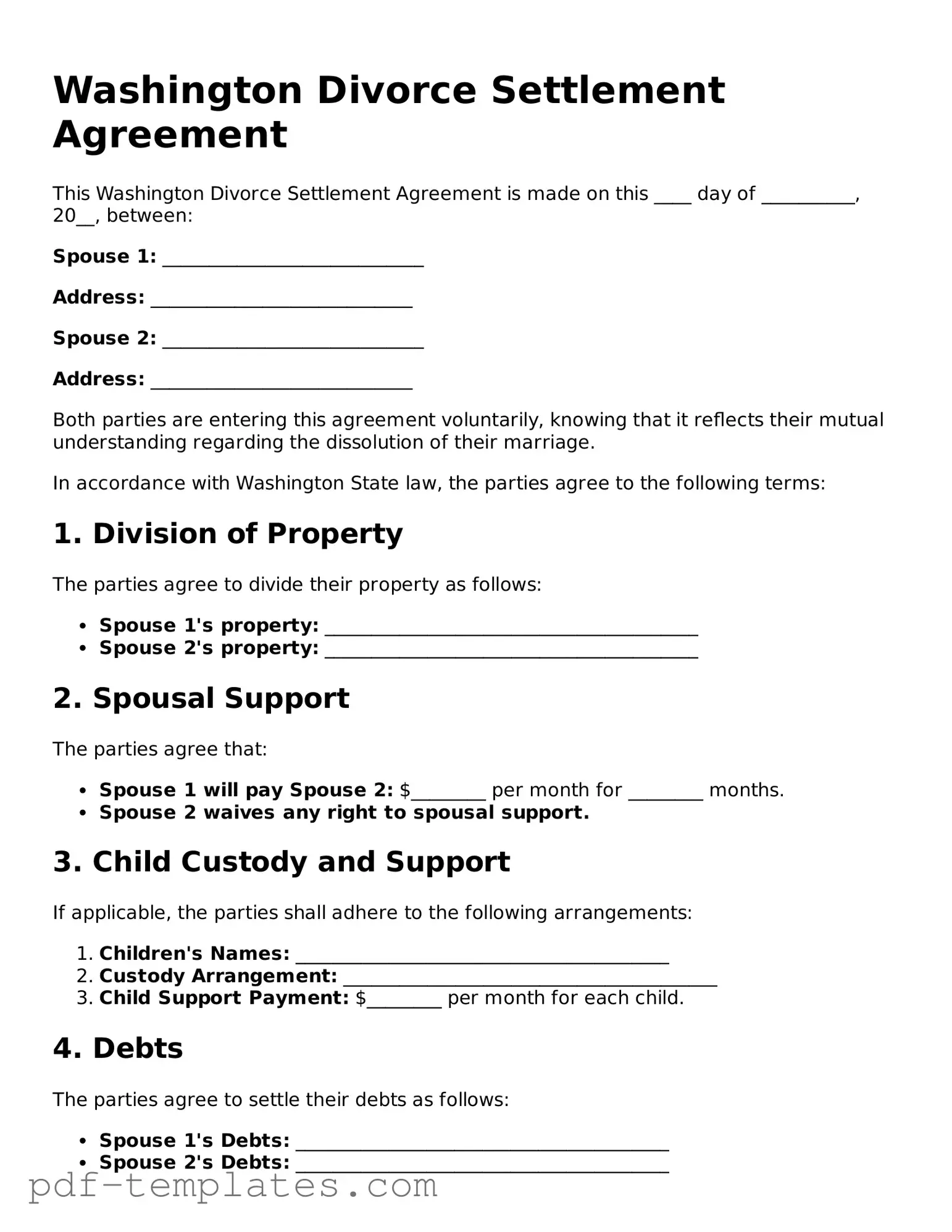 Official Divorce Settlement Agreement Template for Washington State
