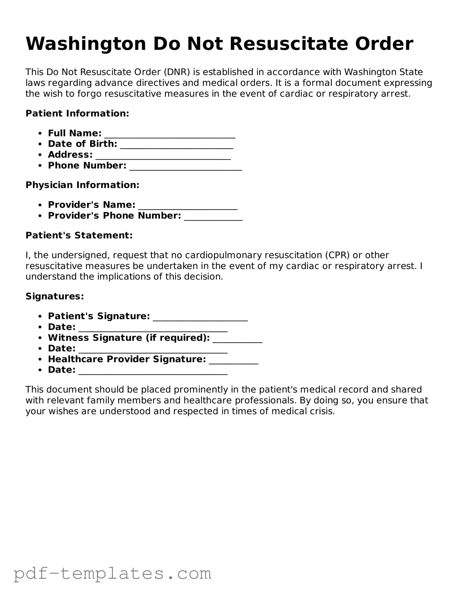 Official Do Not Resuscitate Order Template for Washington State