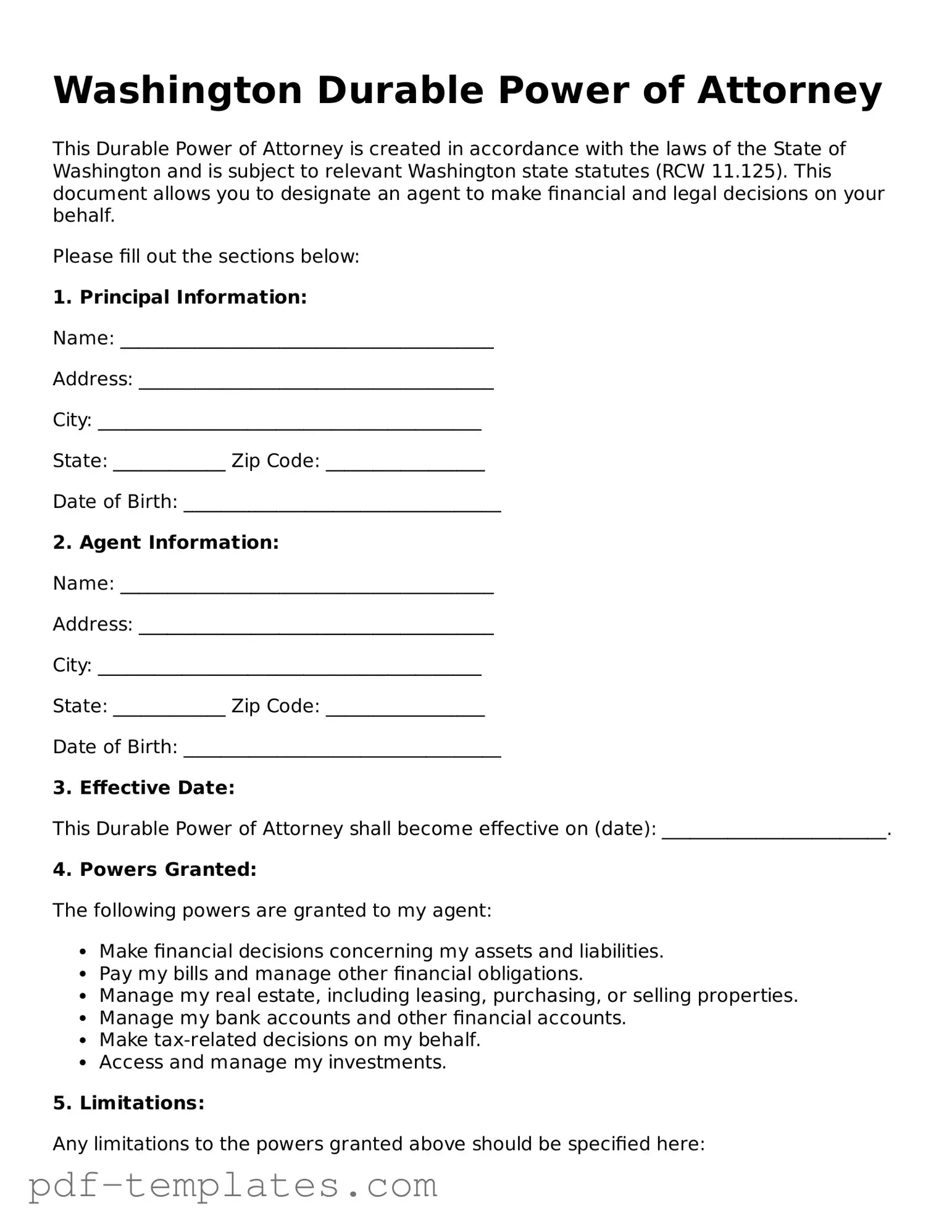 Official Durable Power of Attorney Template for Washington State