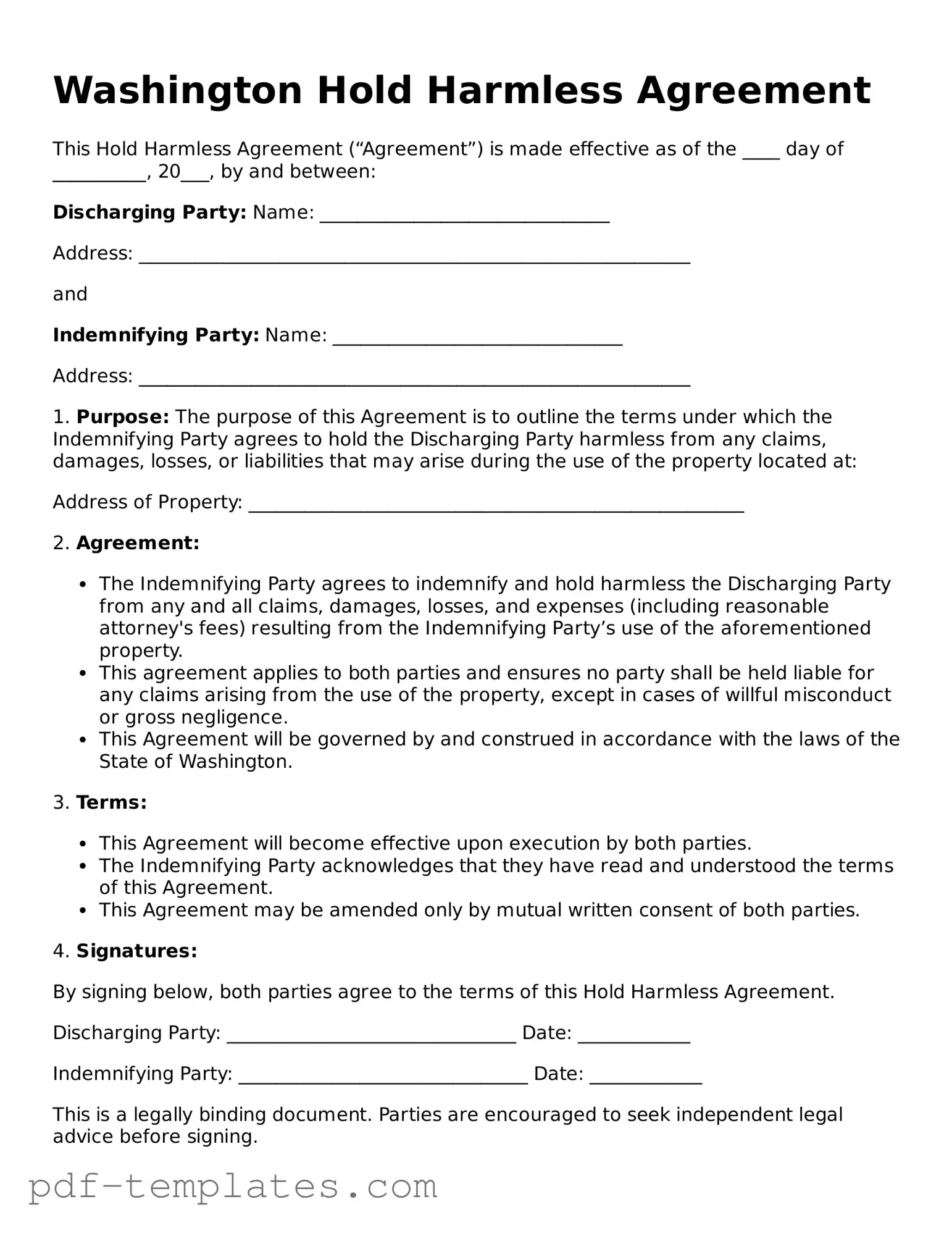 Official Hold Harmless Agreement Template for Washington State