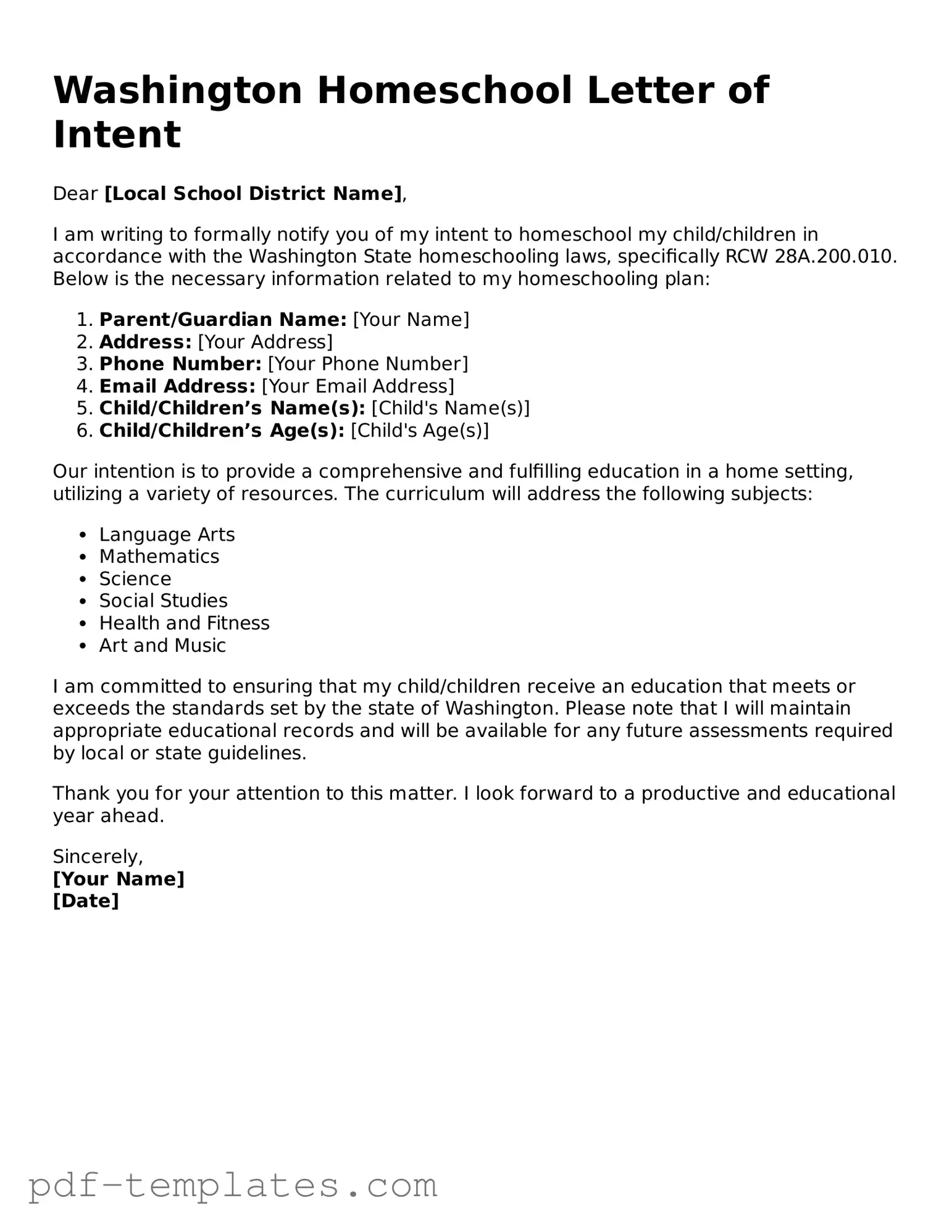 Official Homeschool Letter of Intent Template for Washington State