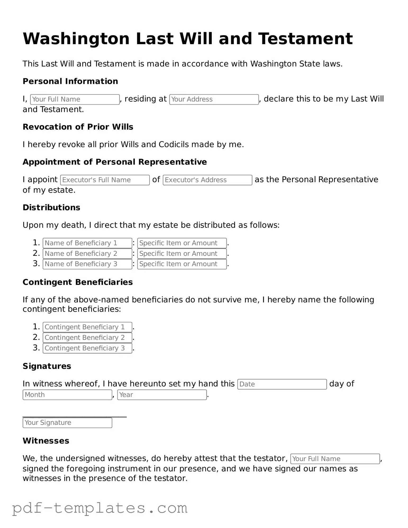 Official Last Will and Testament Template for Washington State